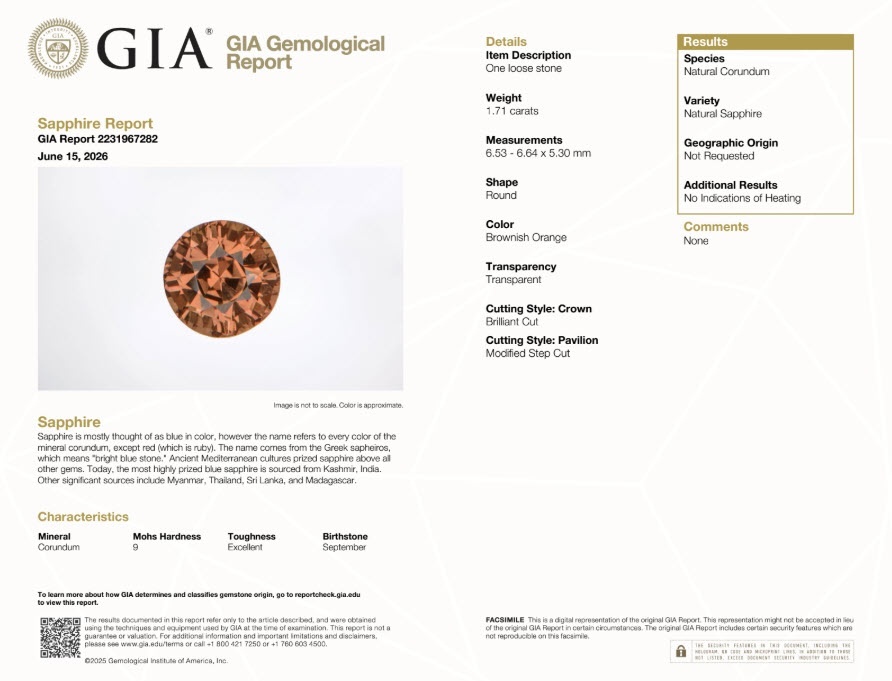 1.71 Ct. Orangish Brown Sapphire from Ceylon (Sri Lanka)