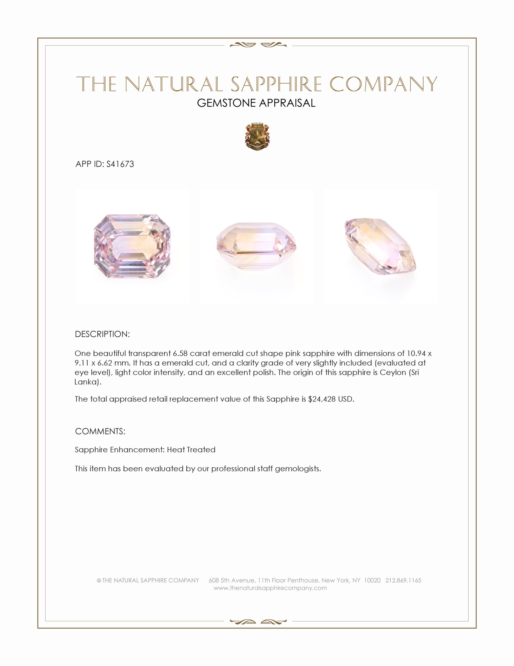 6.58 Ct. Pink Sapphire from Ceylon (Sri Lanka)