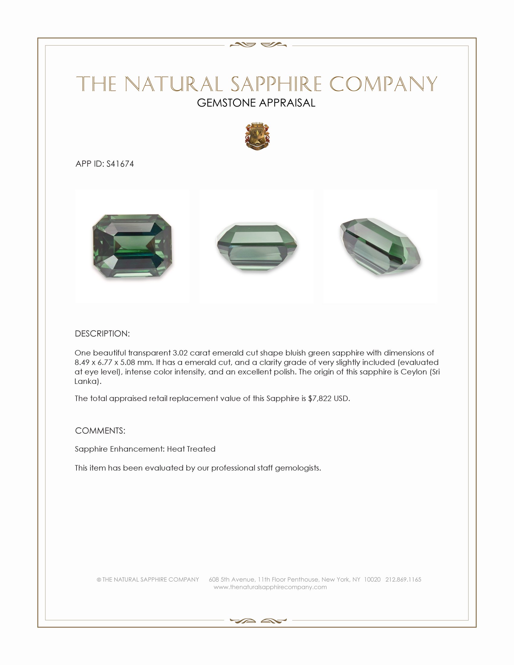 3.02 Ct. Bluish Green Sapphire from Ceylon (Sri Lanka)