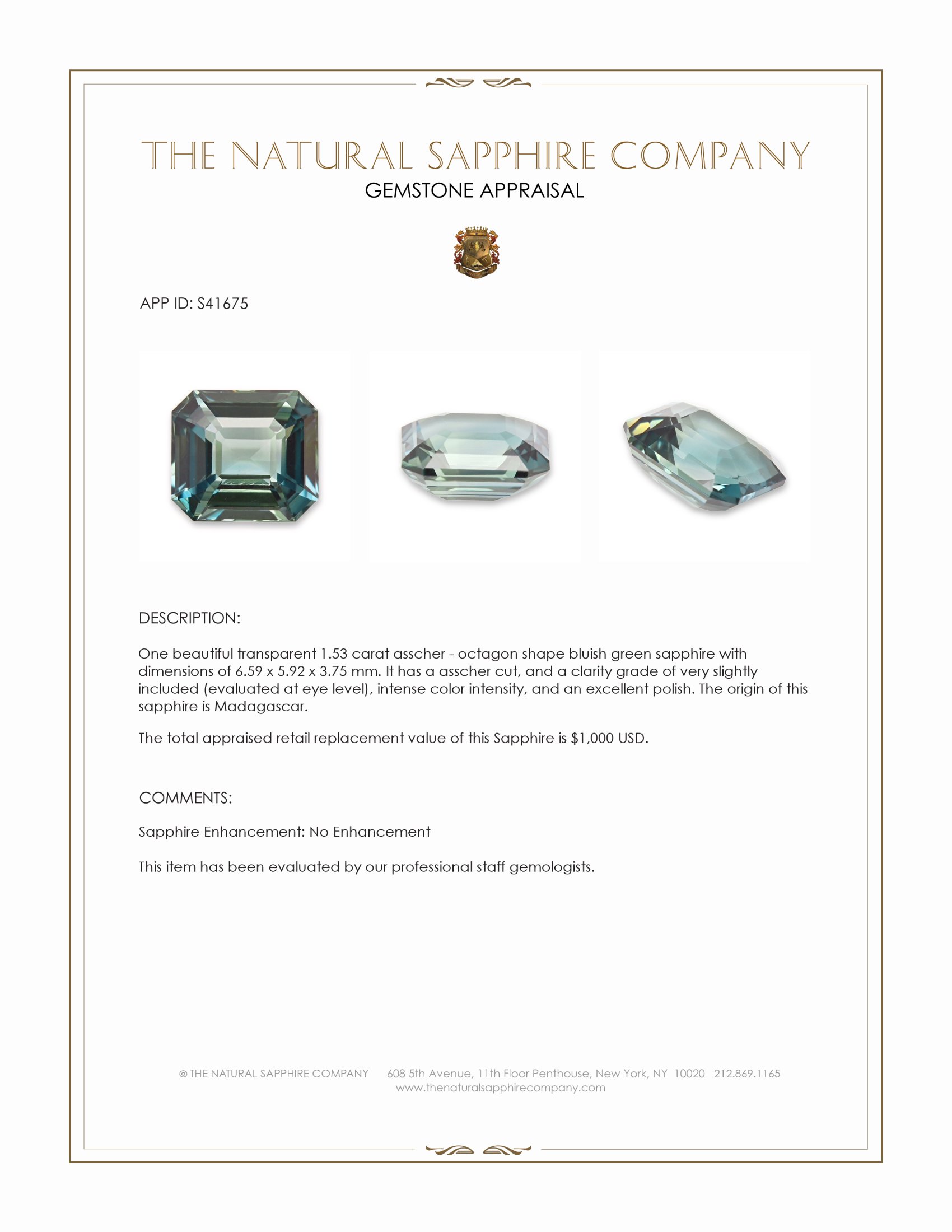 1.53 Ct. Bluish Green Sapphire from Madagascar