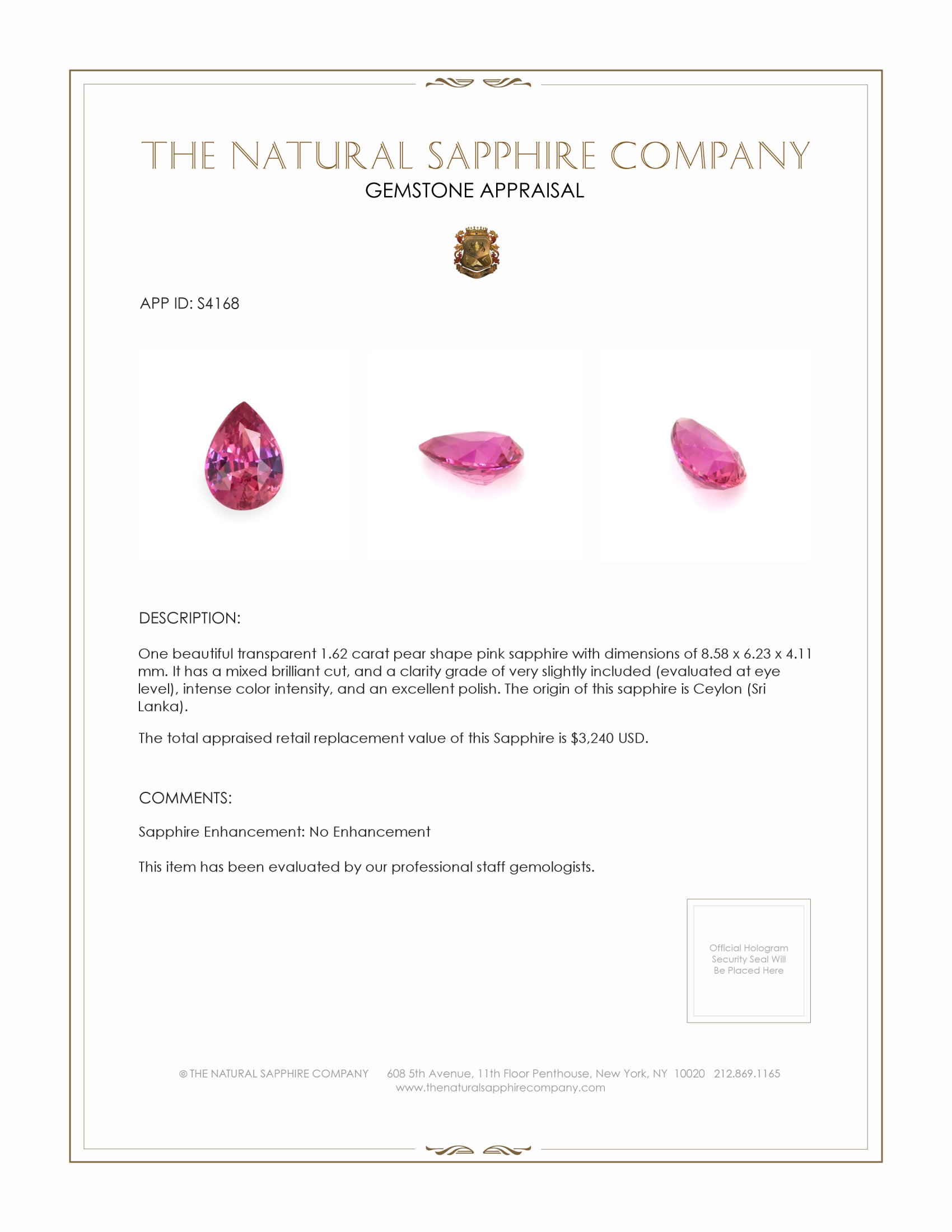 1.62 Ct. Pink Sapphire from Ceylon (Sri Lanka)