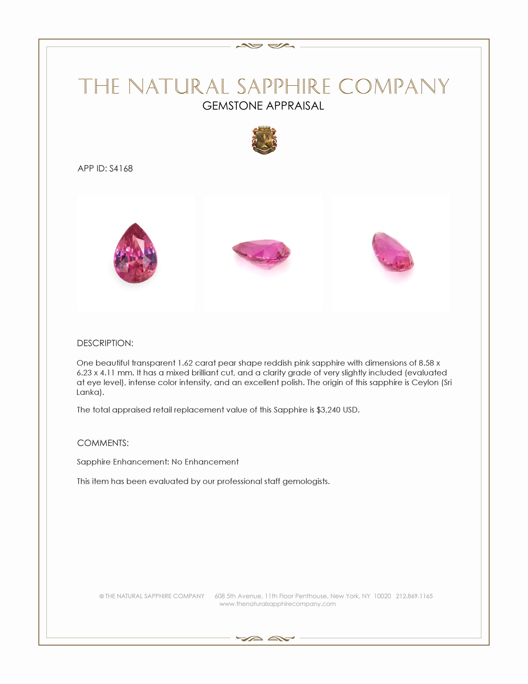 1.62 Ct. Reddish Pink Sapphire from Ceylon (Sri Lanka)