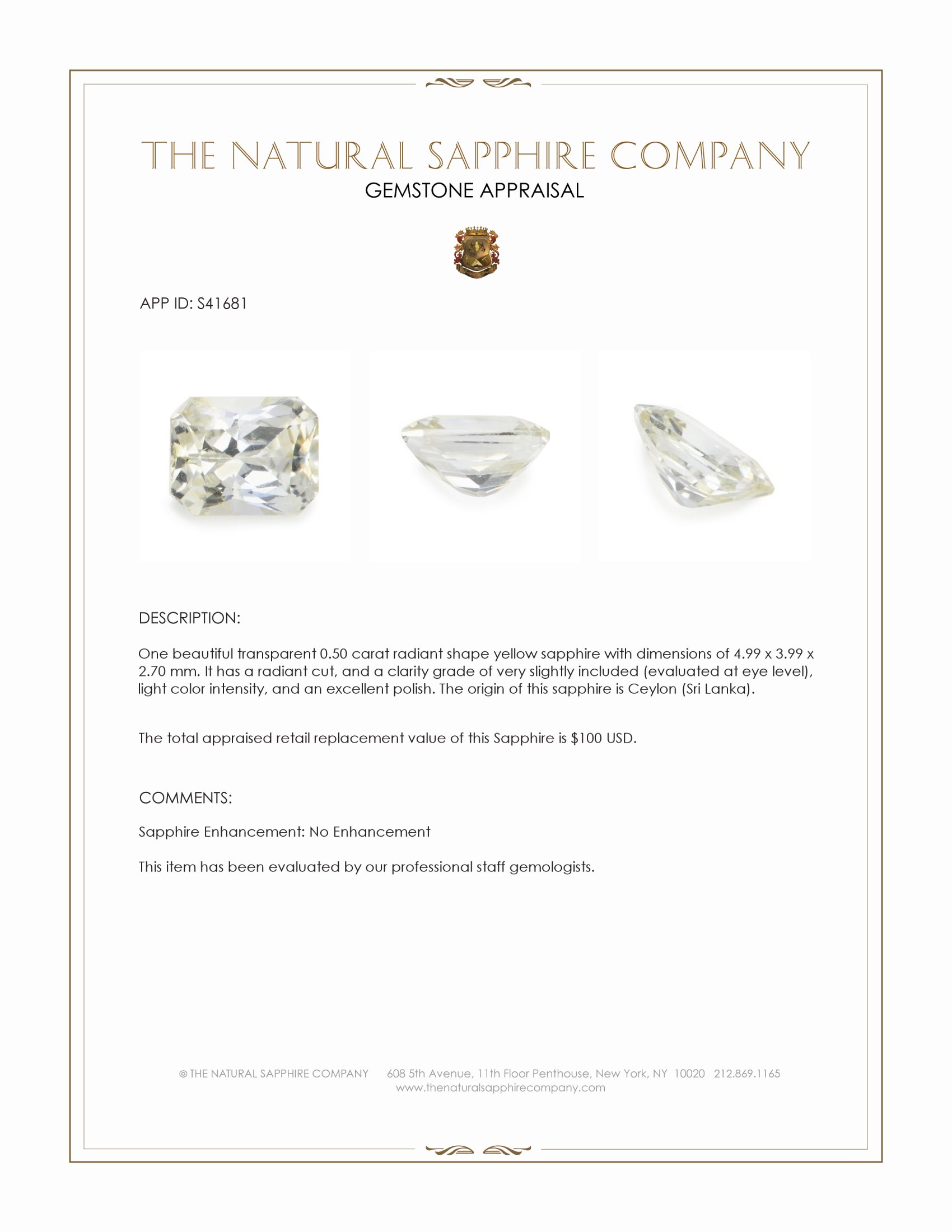 0.50 Ct. Yellow Sapphire from Ceylon (Sri Lanka)