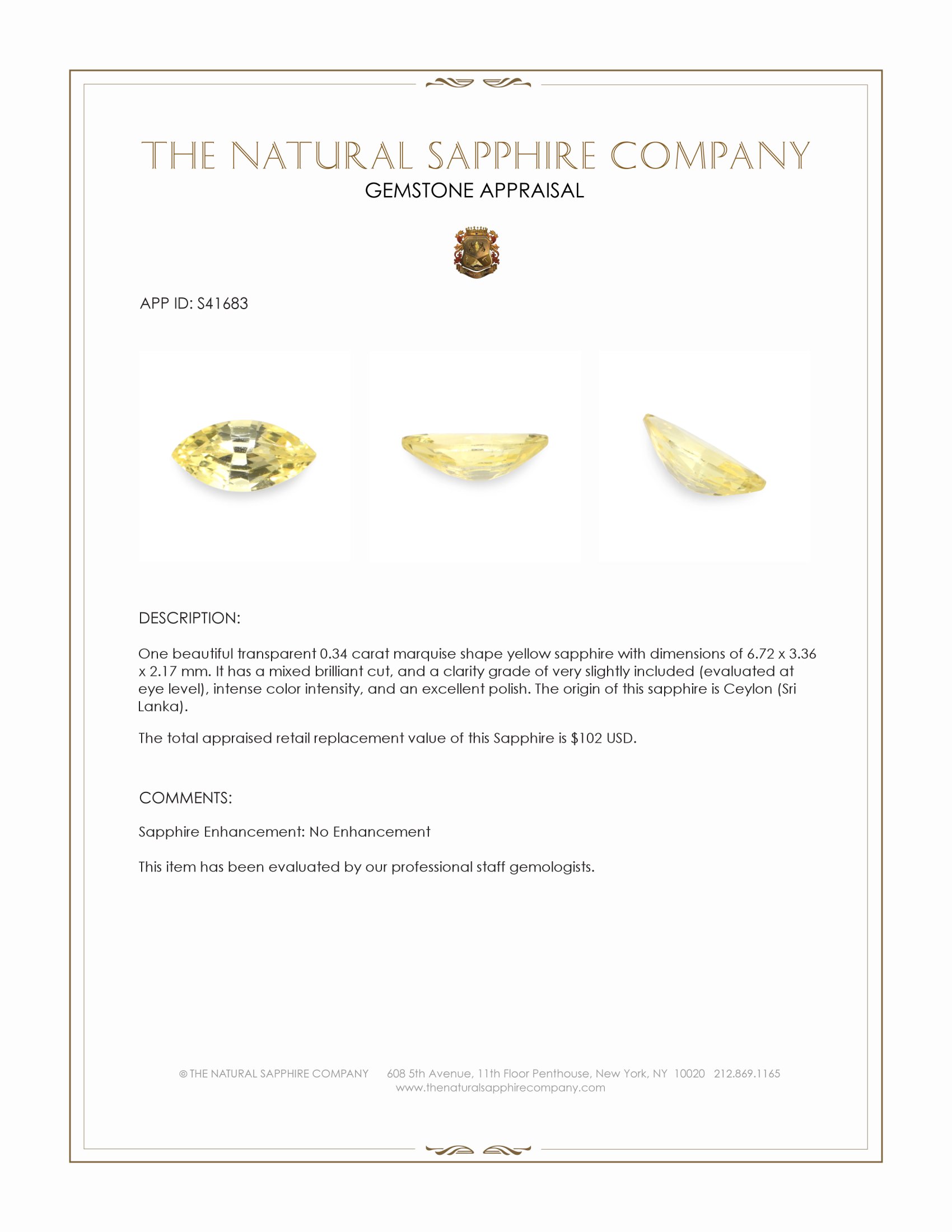 0.34 Ct. Yellow Sapphire from Ceylon (Sri Lanka)