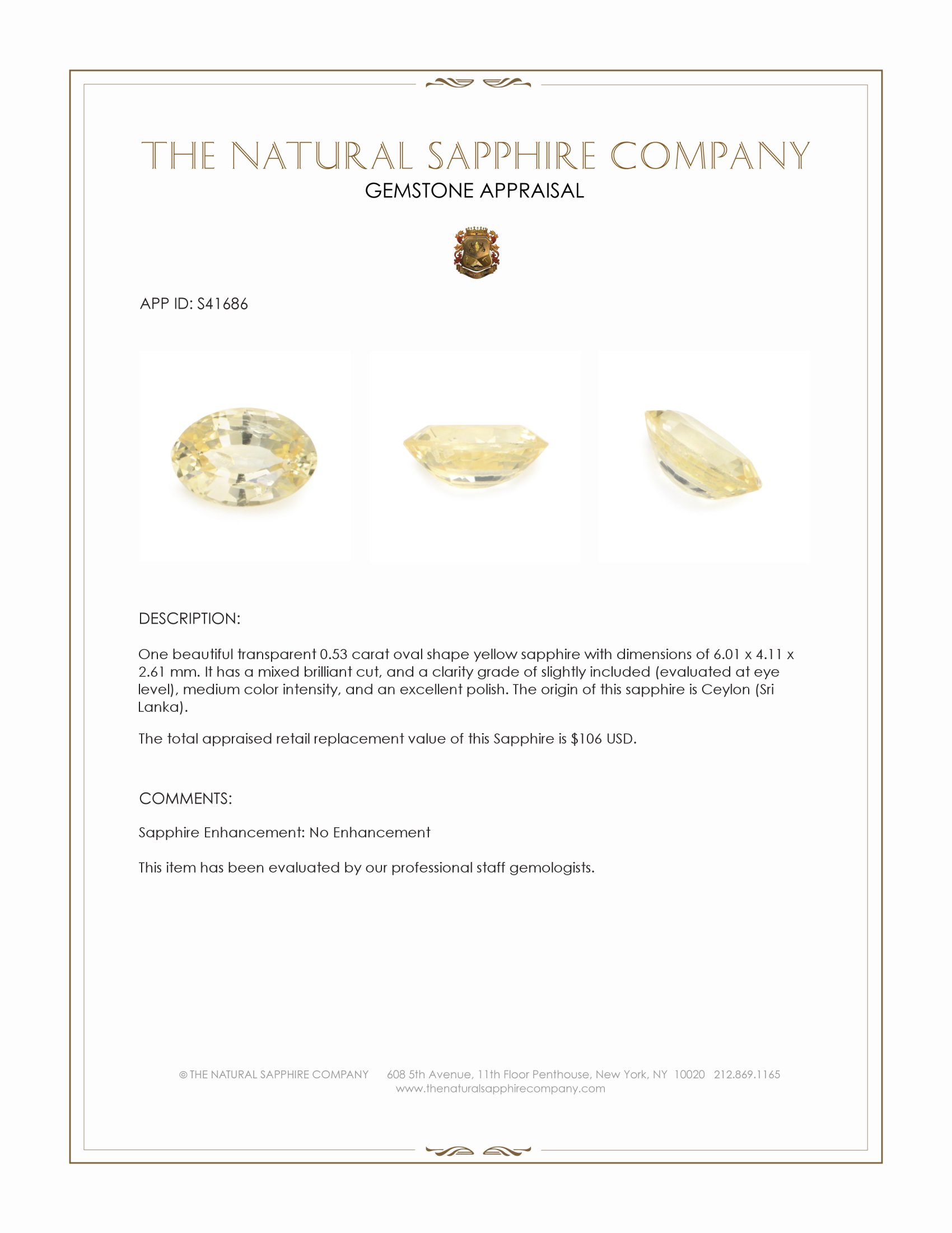 0.53 Ct. Yellow Sapphire from Ceylon (Sri Lanka)