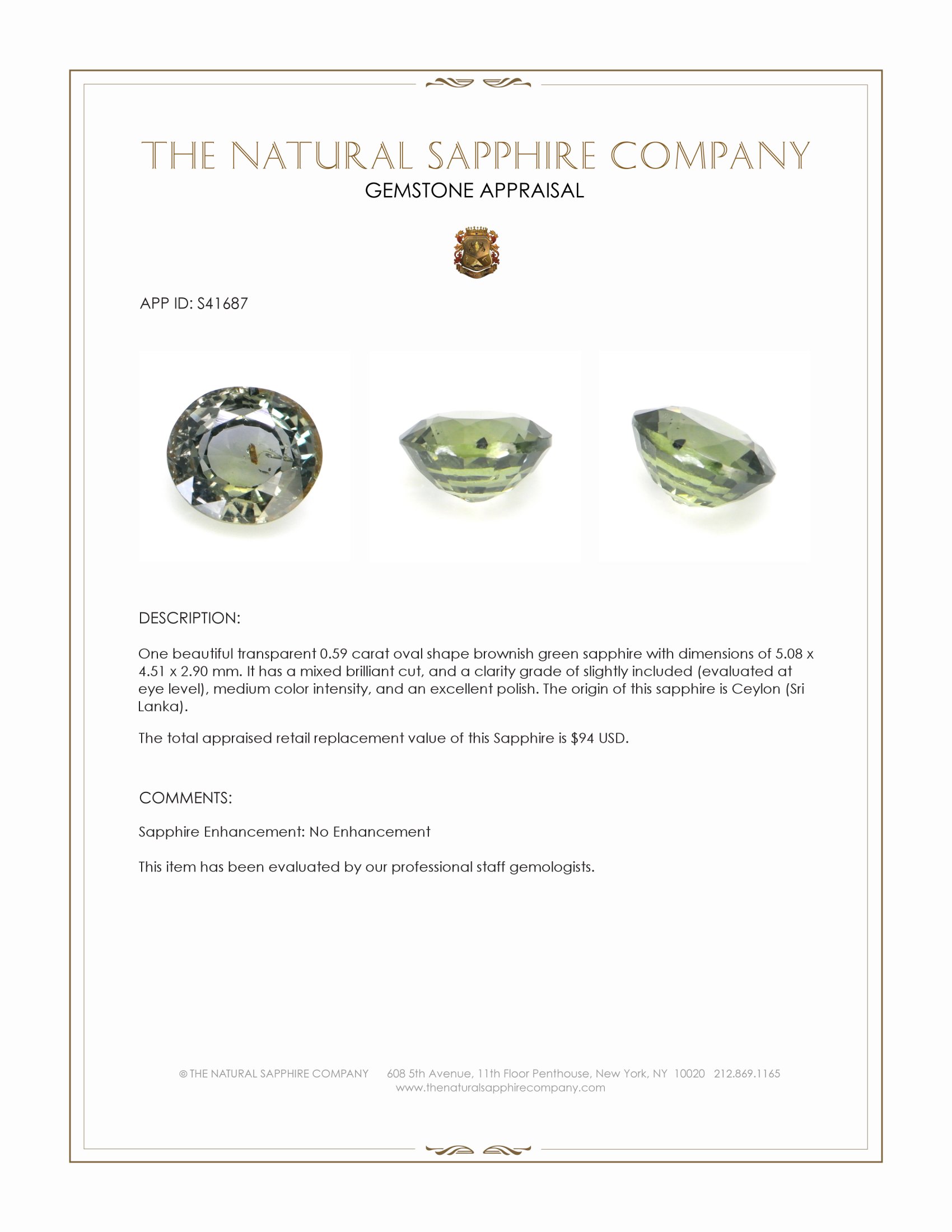 0.59 Ct. Brownish Green Sapphire from Ceylon (Sri Lanka)