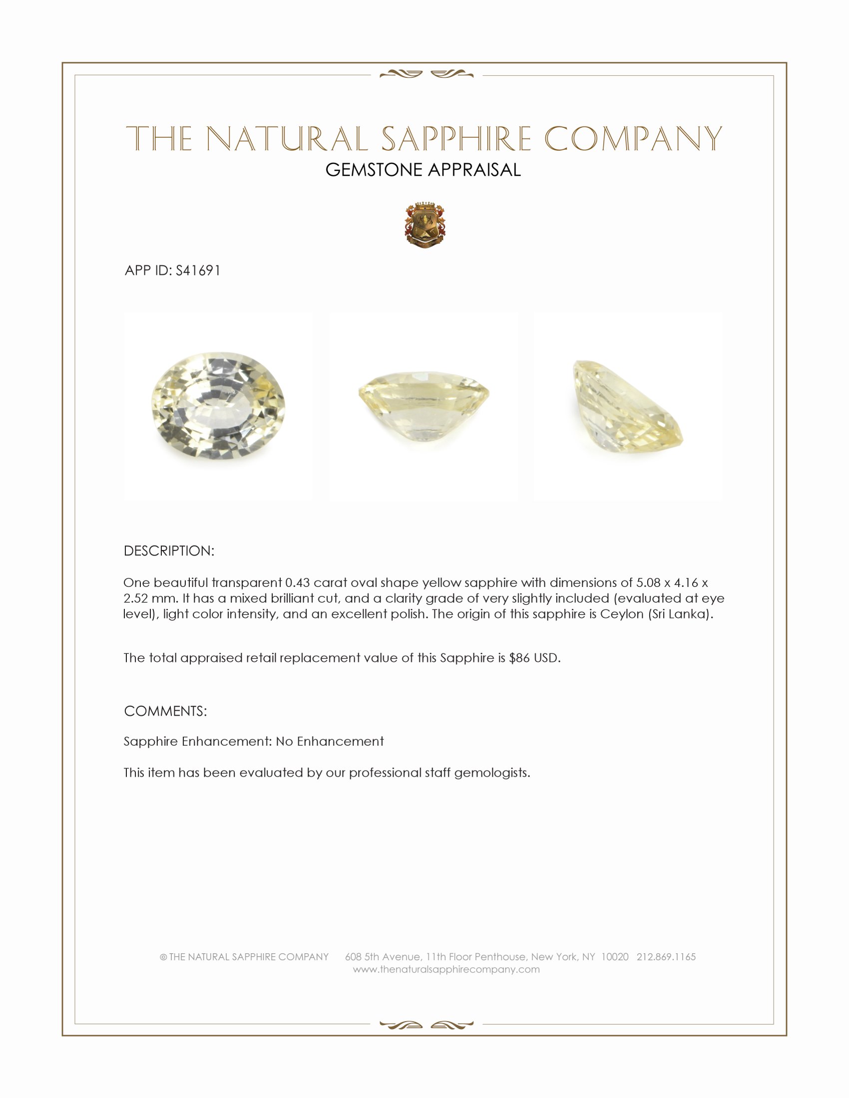 0.43 Ct. Yellow Sapphire from Ceylon (Sri Lanka)