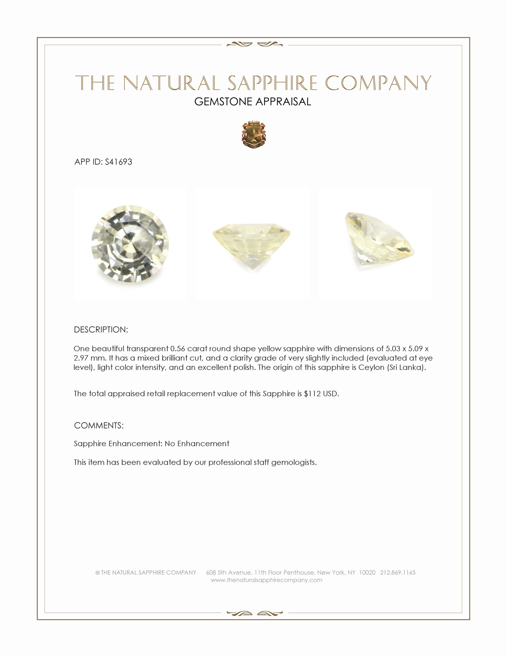 0.56 Ct. Yellow Sapphire from Ceylon (Sri Lanka)