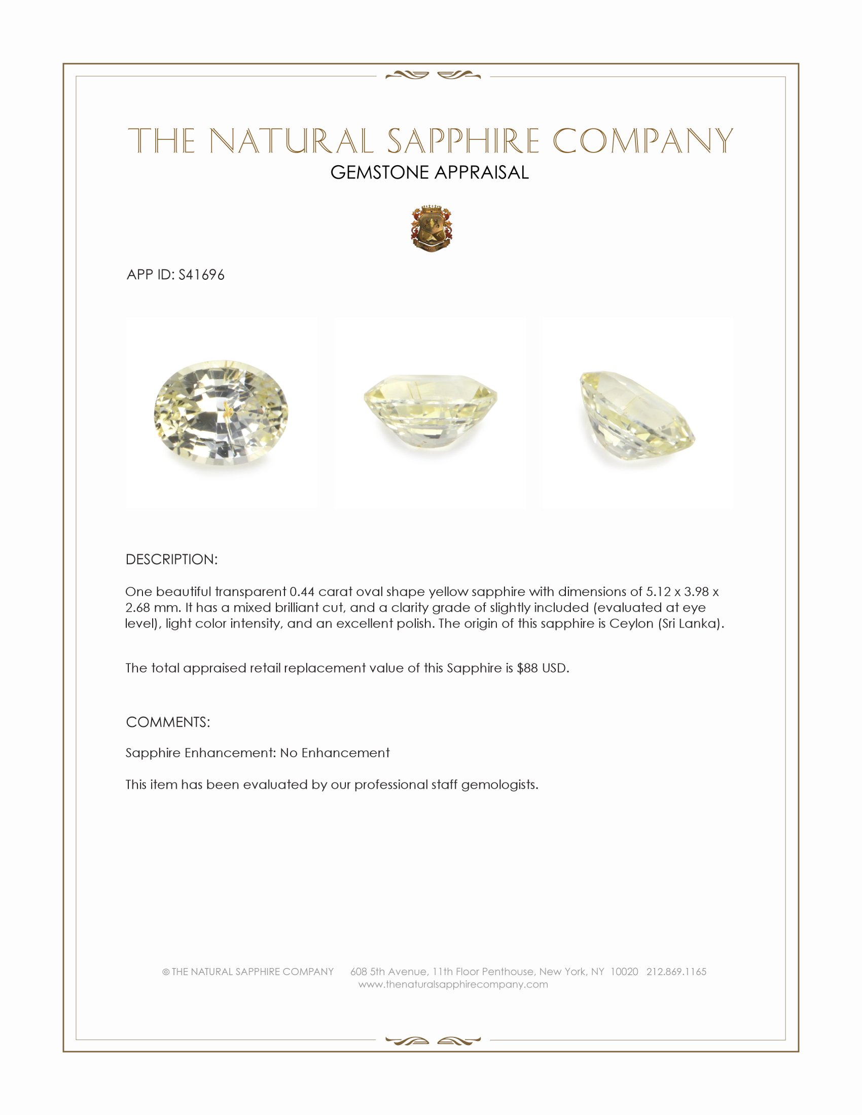 0.44 Ct. Yellow Sapphire from Ceylon (Sri Lanka)