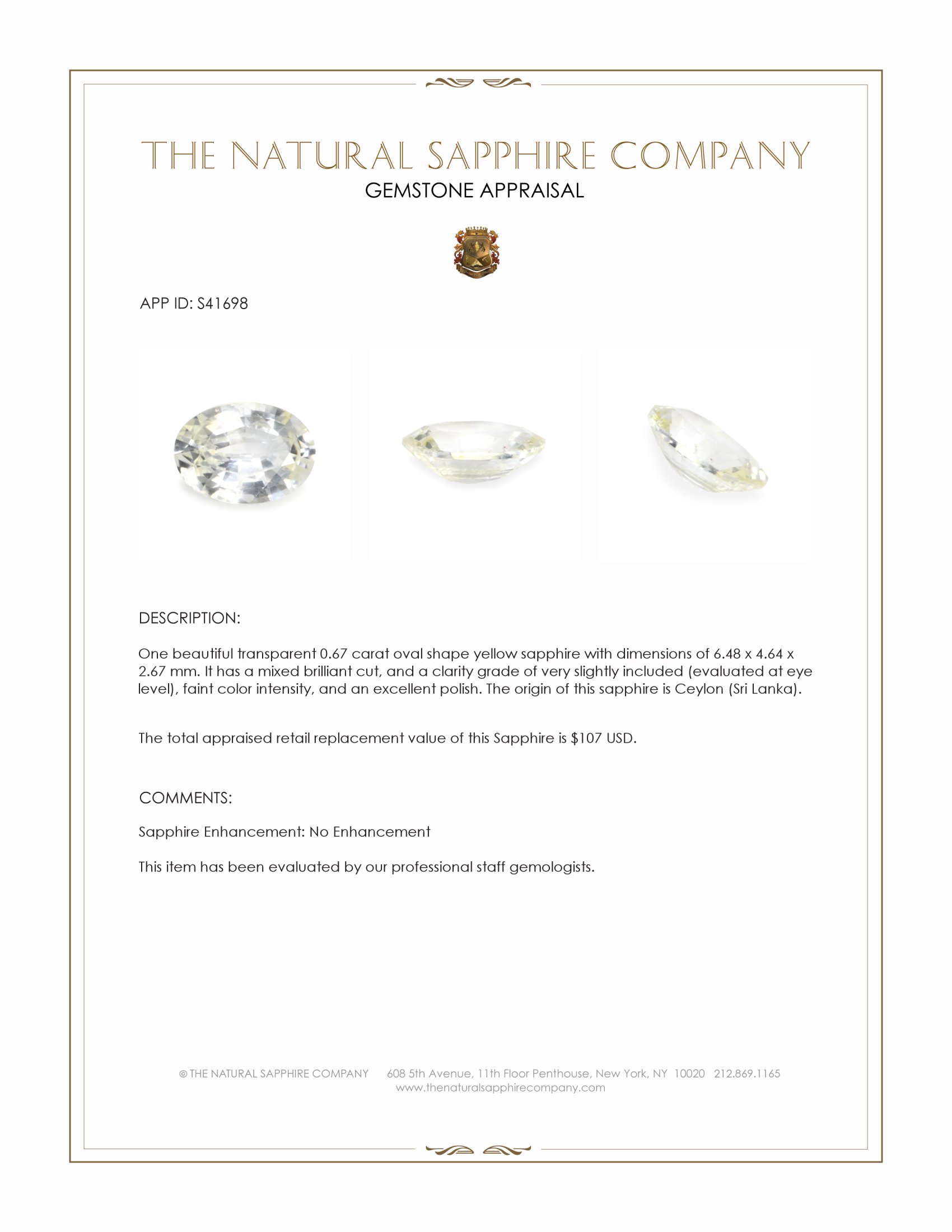 0.67 Ct. Yellow Sapphire from Ceylon (Sri Lanka)