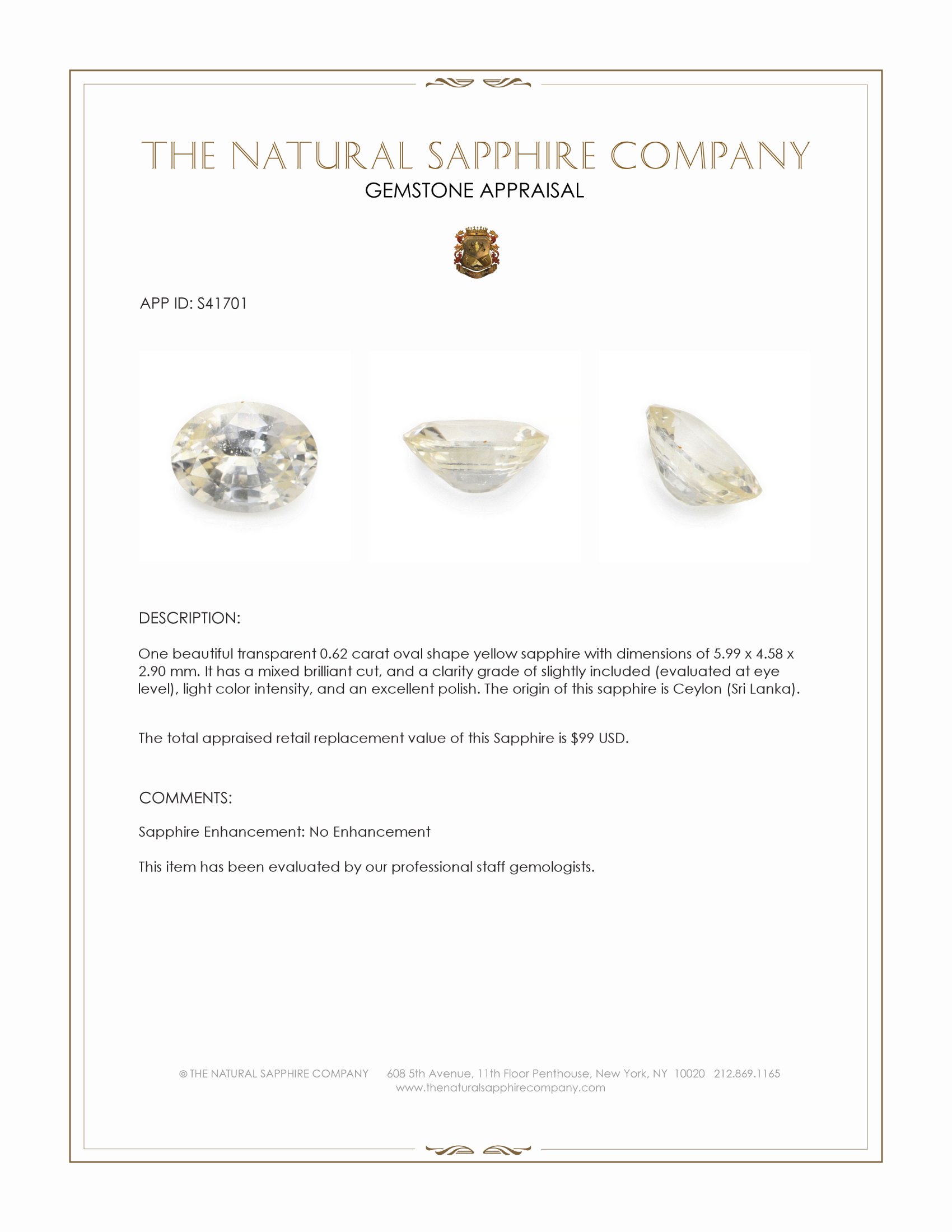 0.62 Ct. Yellow Sapphire from Ceylon (Sri Lanka)