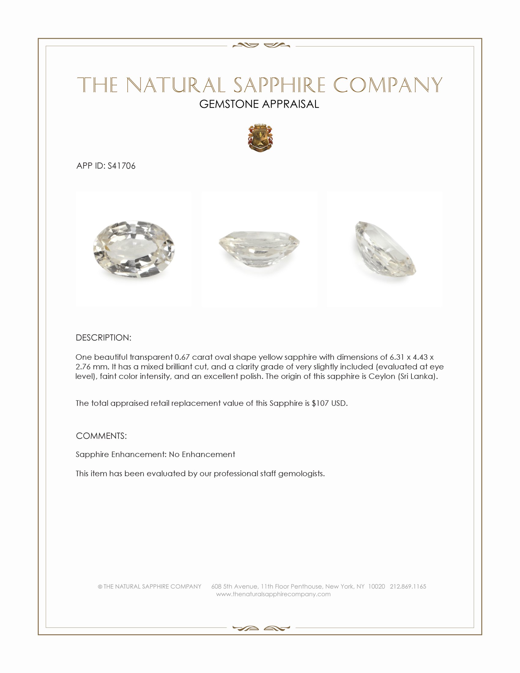 0.67 Ct. Yellow Sapphire from Ceylon (Sri Lanka)