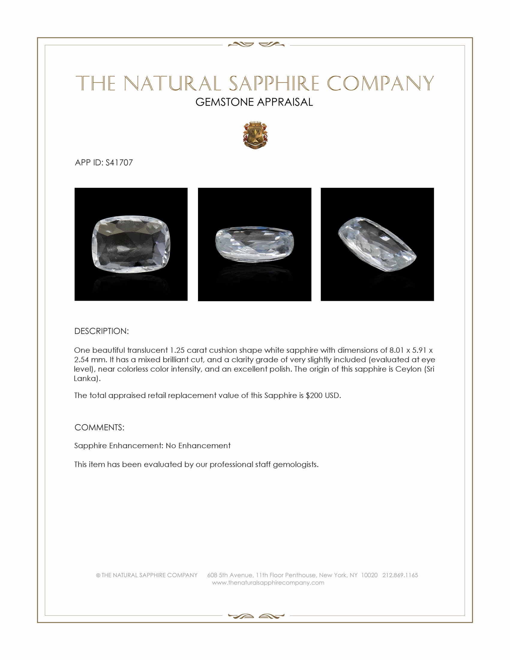 1.25 Ct. White Sapphire from Ceylon (Sri Lanka)
