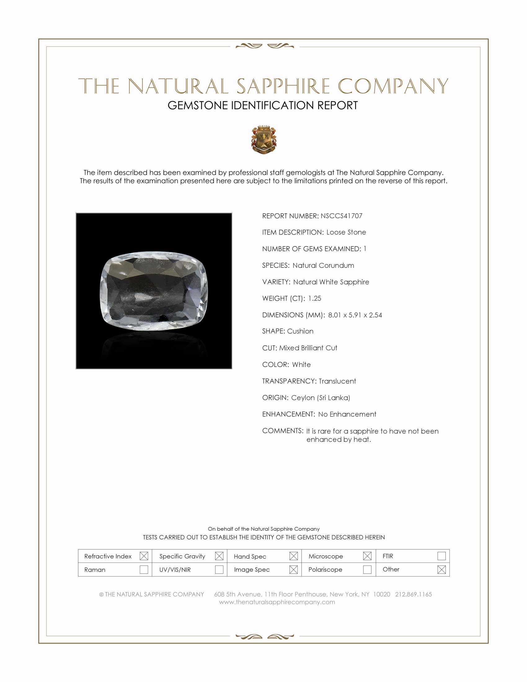 1.25 Ct. White Sapphire from Ceylon (Sri Lanka)