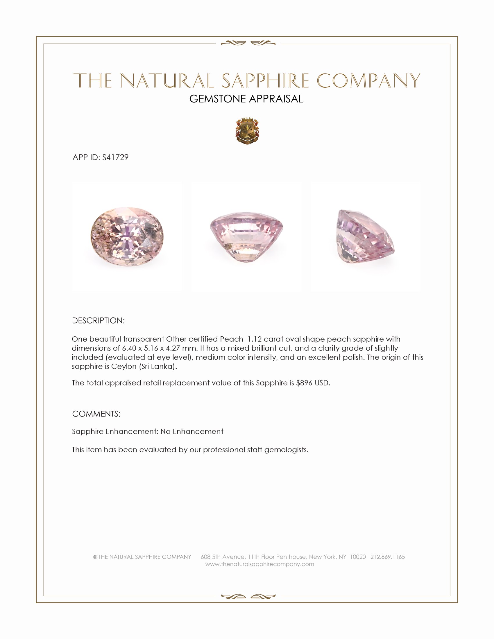 1.12 Ct. Peach Sapphire from Ceylon (Sri Lanka)