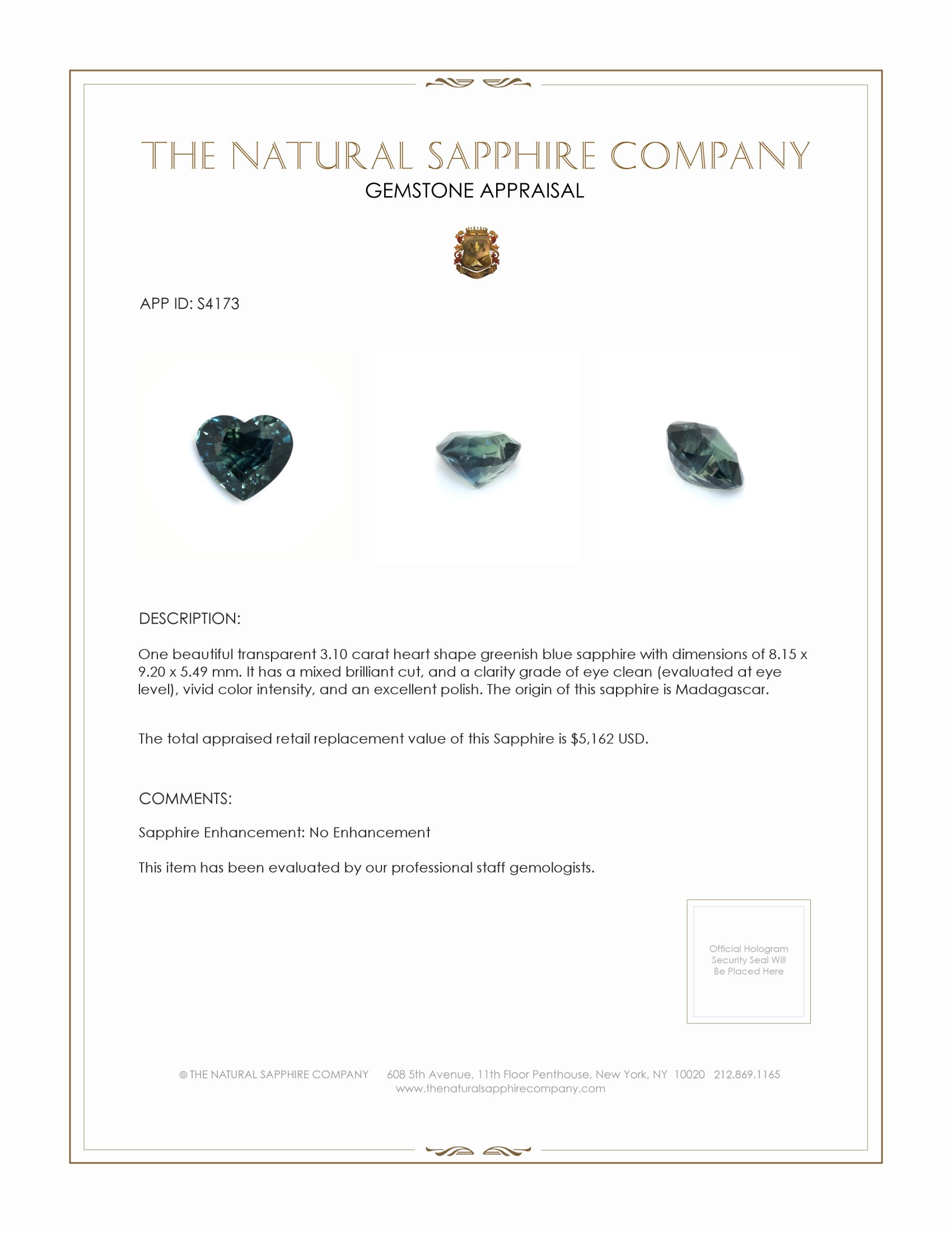 3.10 Ct. Greenish Blue Sapphire from Madagascar