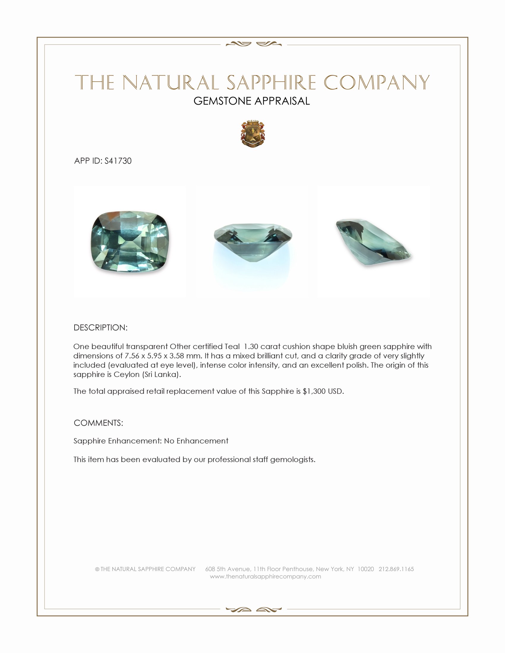 1.30 Ct. Bluish Green Sapphire from Ceylon (Sri Lanka)