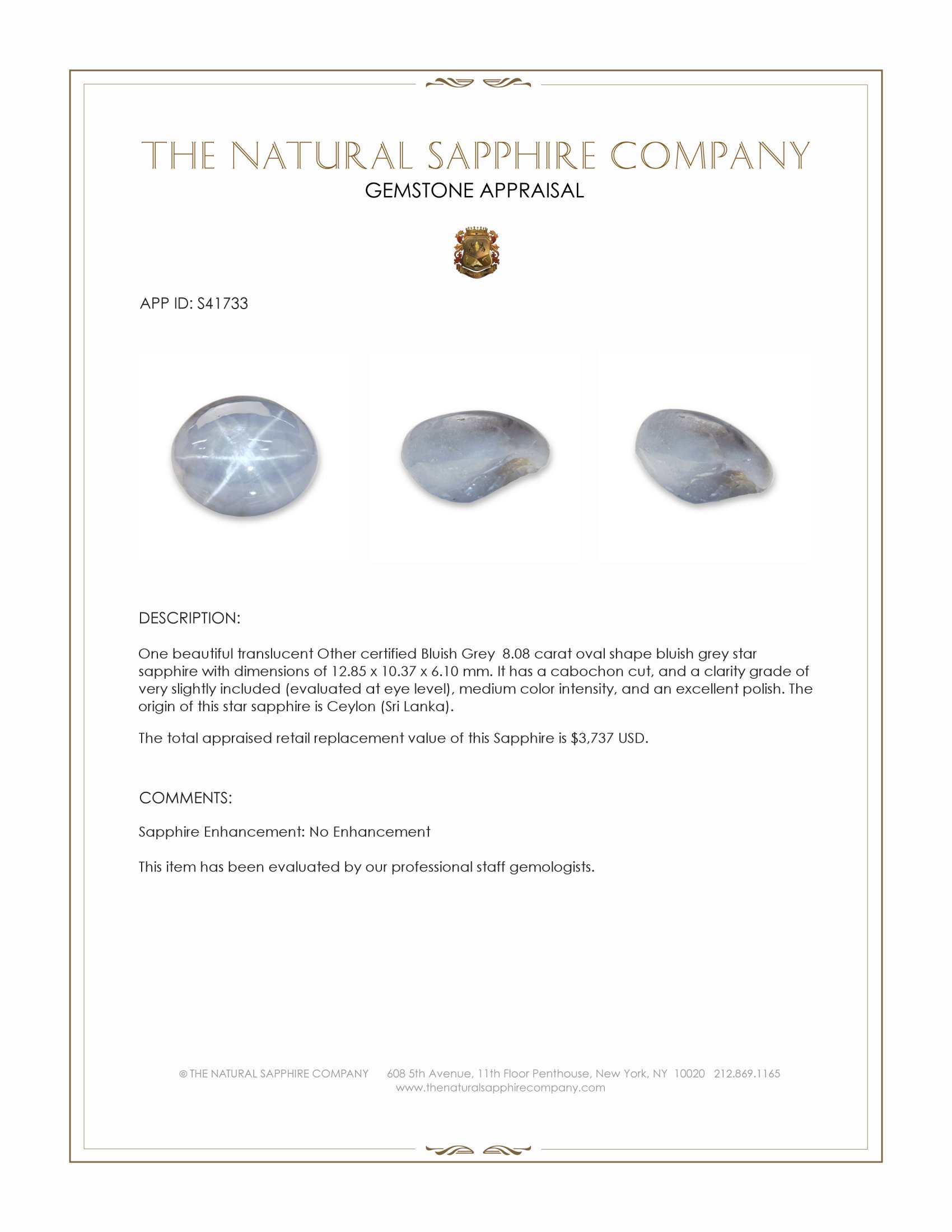 8.08 Ct. Bluish Grey Star Sapphire from Ceylon (Sri Lanka)