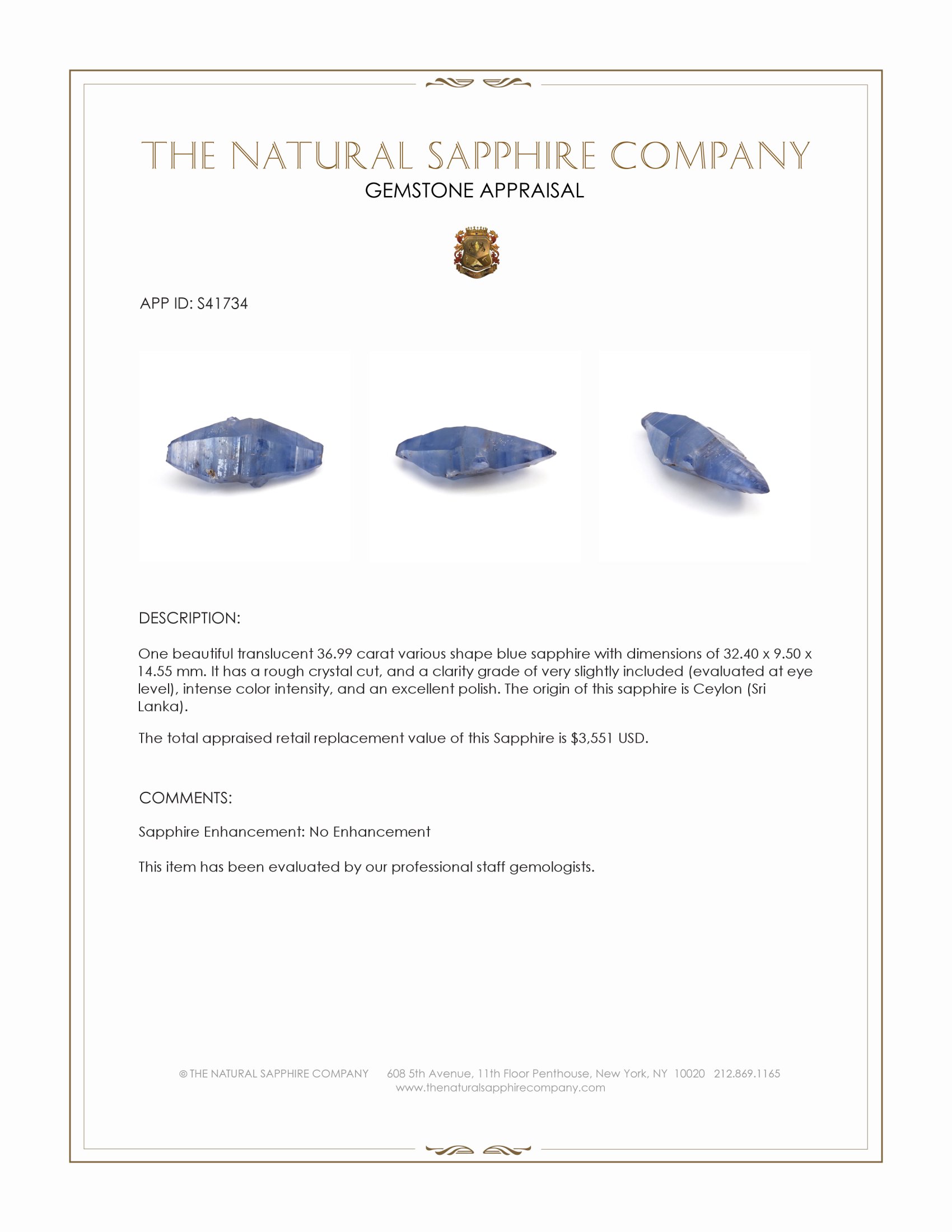 36.99 Ct. Blue Sapphire from Ceylon (Sri Lanka)