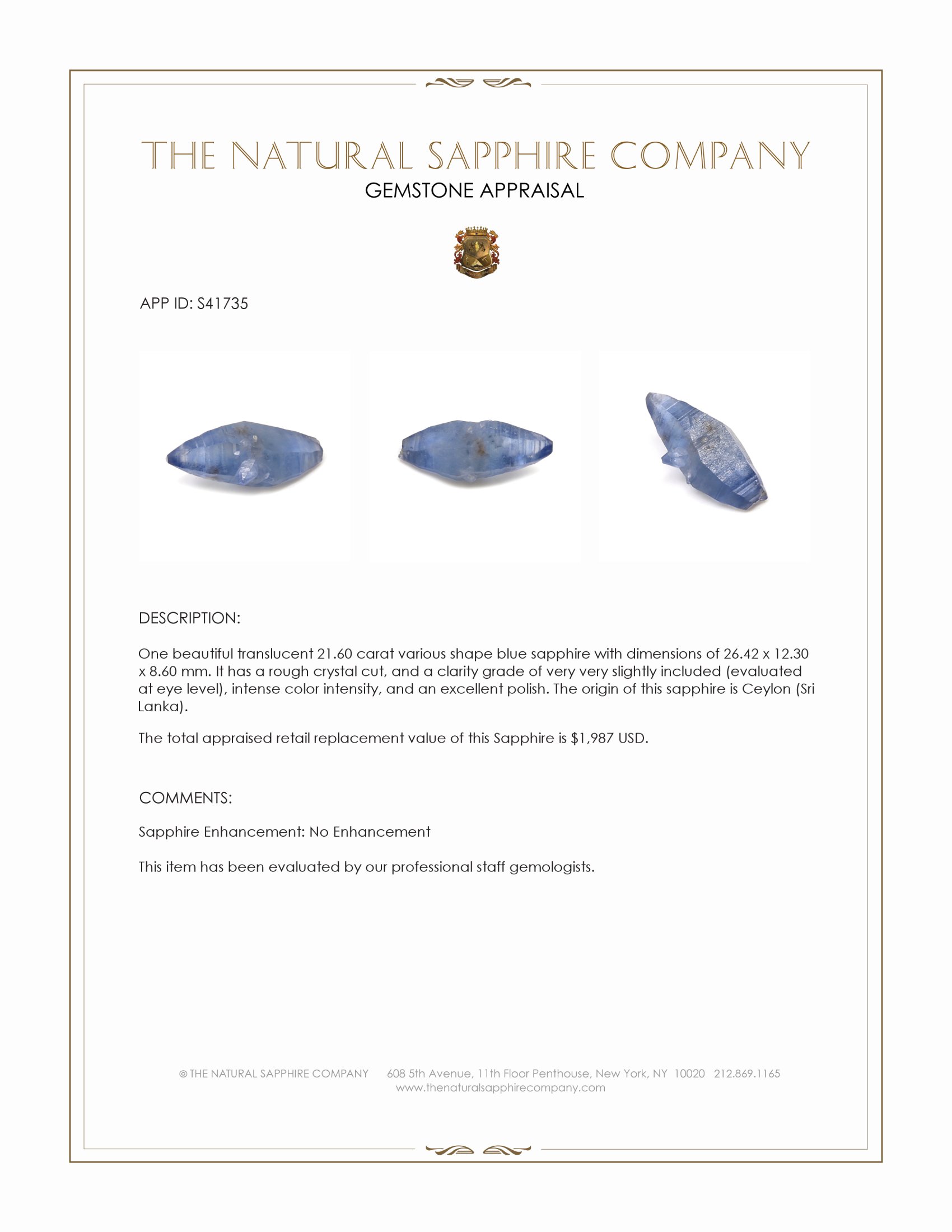 21.60 Ct. Blue Sapphire from Ceylon (Sri Lanka)