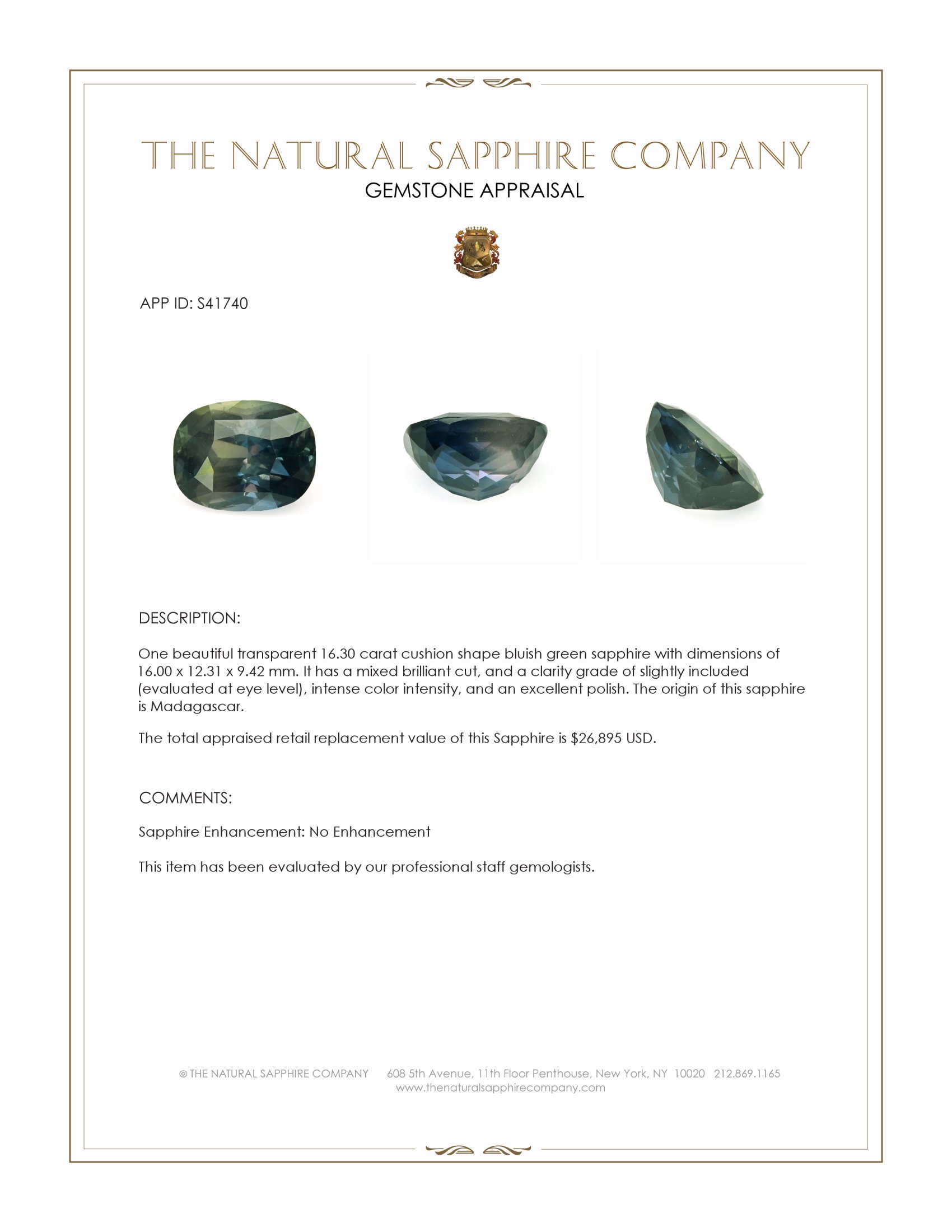 16.30 Ct. Bluish Green Sapphire from Madagascar