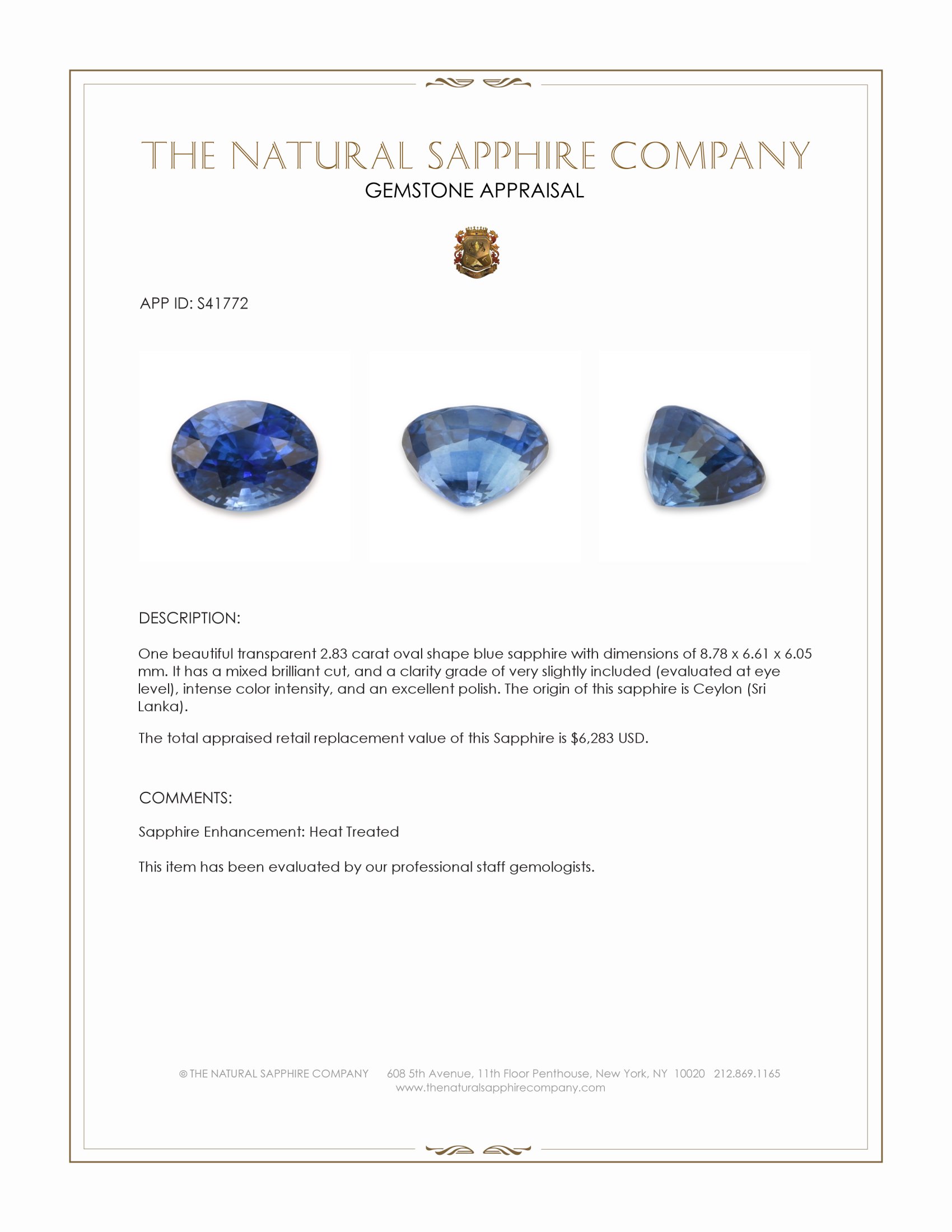 2.83 Ct. Blue Sapphire from Ceylon (Sri Lanka)