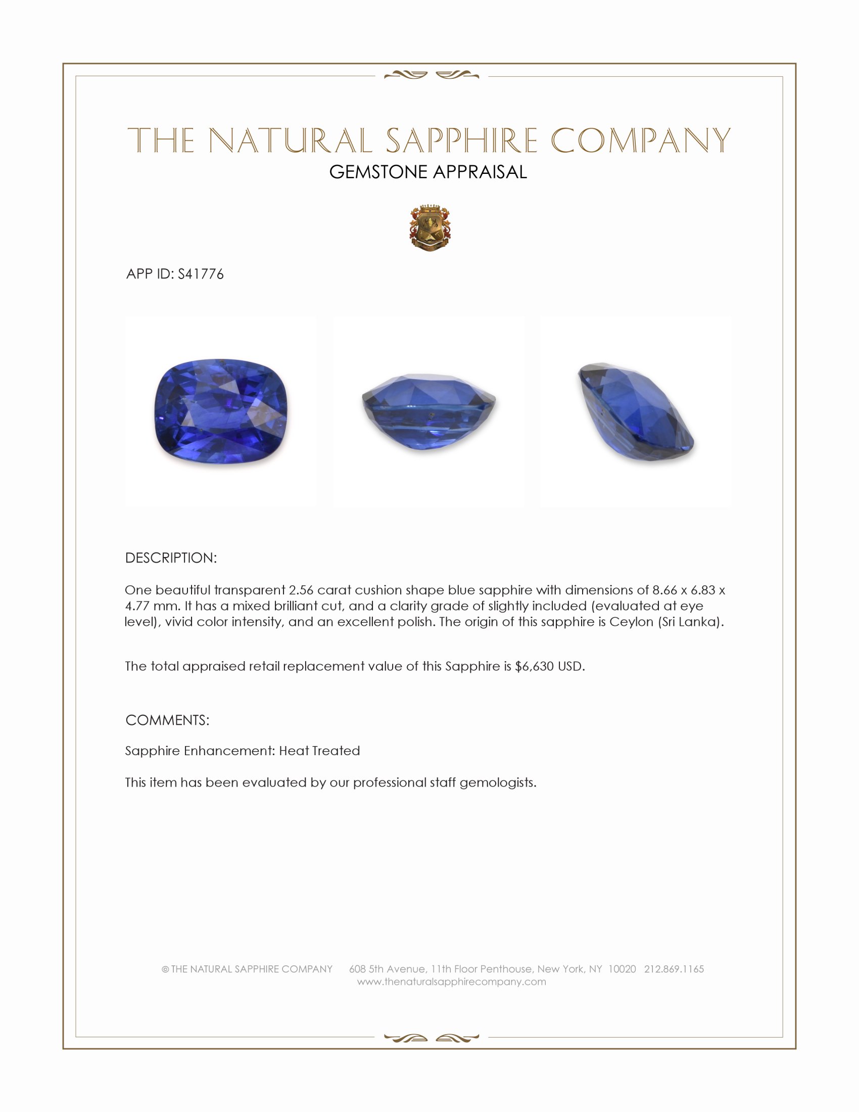 2.56 Ct. Blue Sapphire from Ceylon (Sri Lanka)