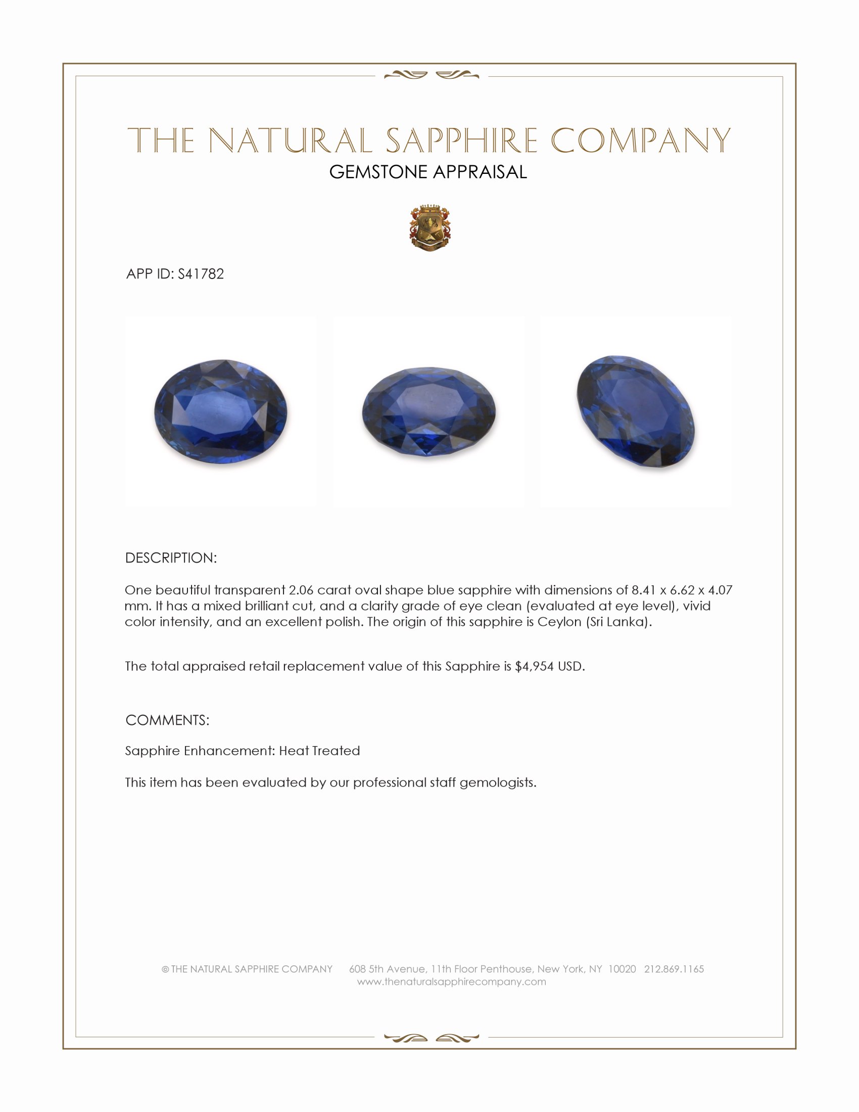 2.06 Ct. Blue Sapphire from Ceylon (Sri Lanka)