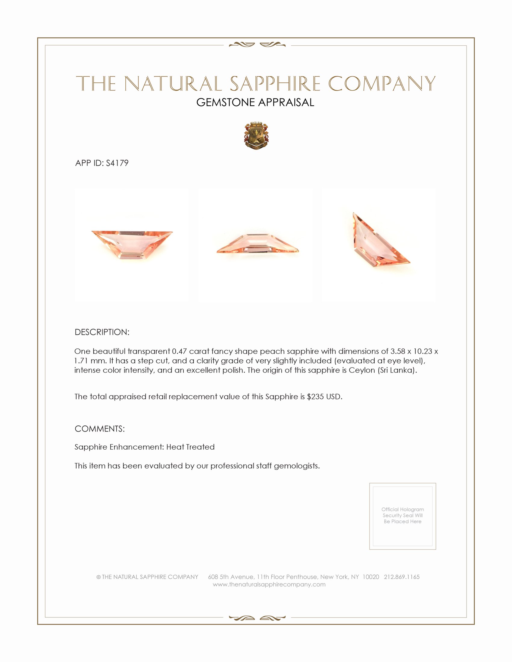 0.47 Ct. Peach Sapphire from Ceylon (Sri Lanka)