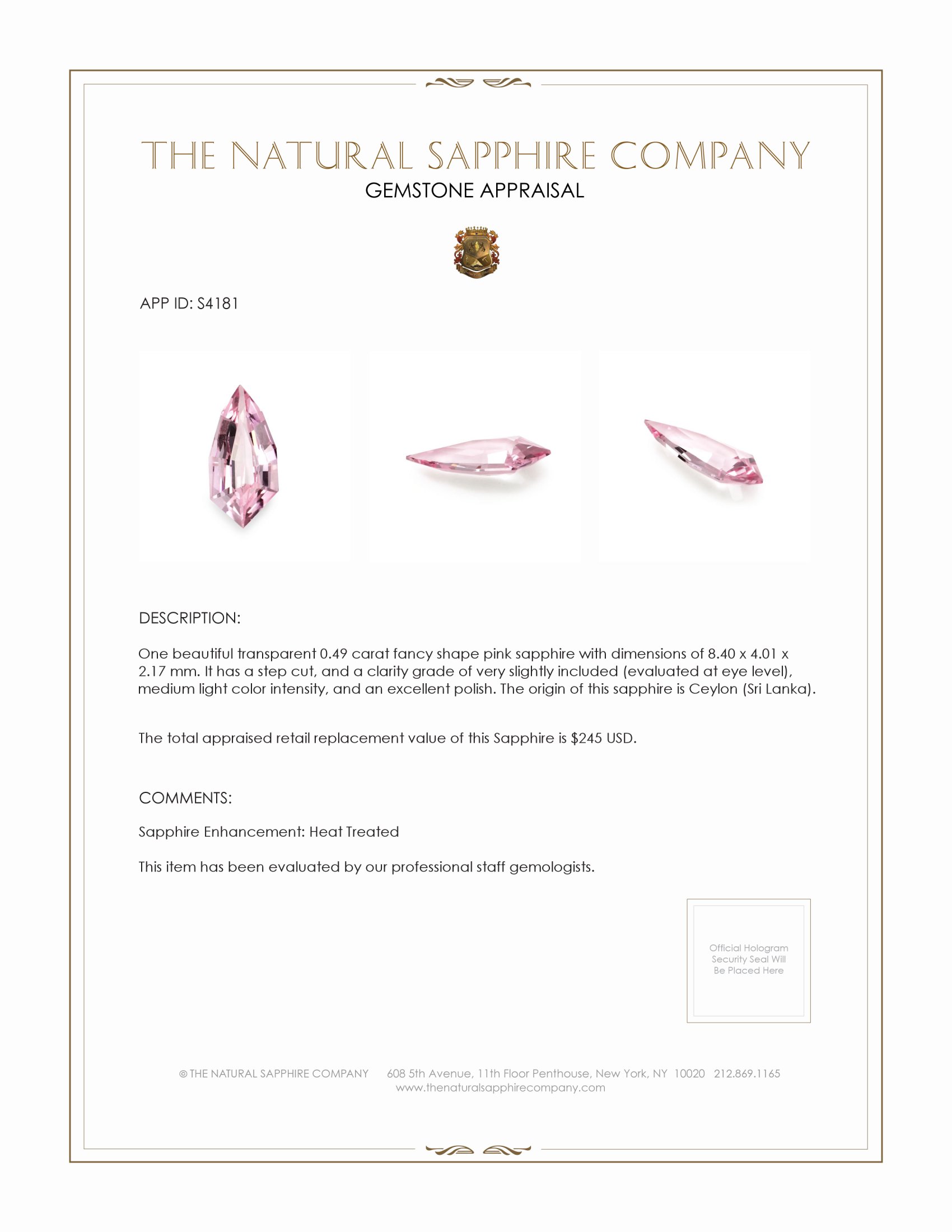 0.49 Ct. Pink Sapphire from Ceylon (Sri Lanka)