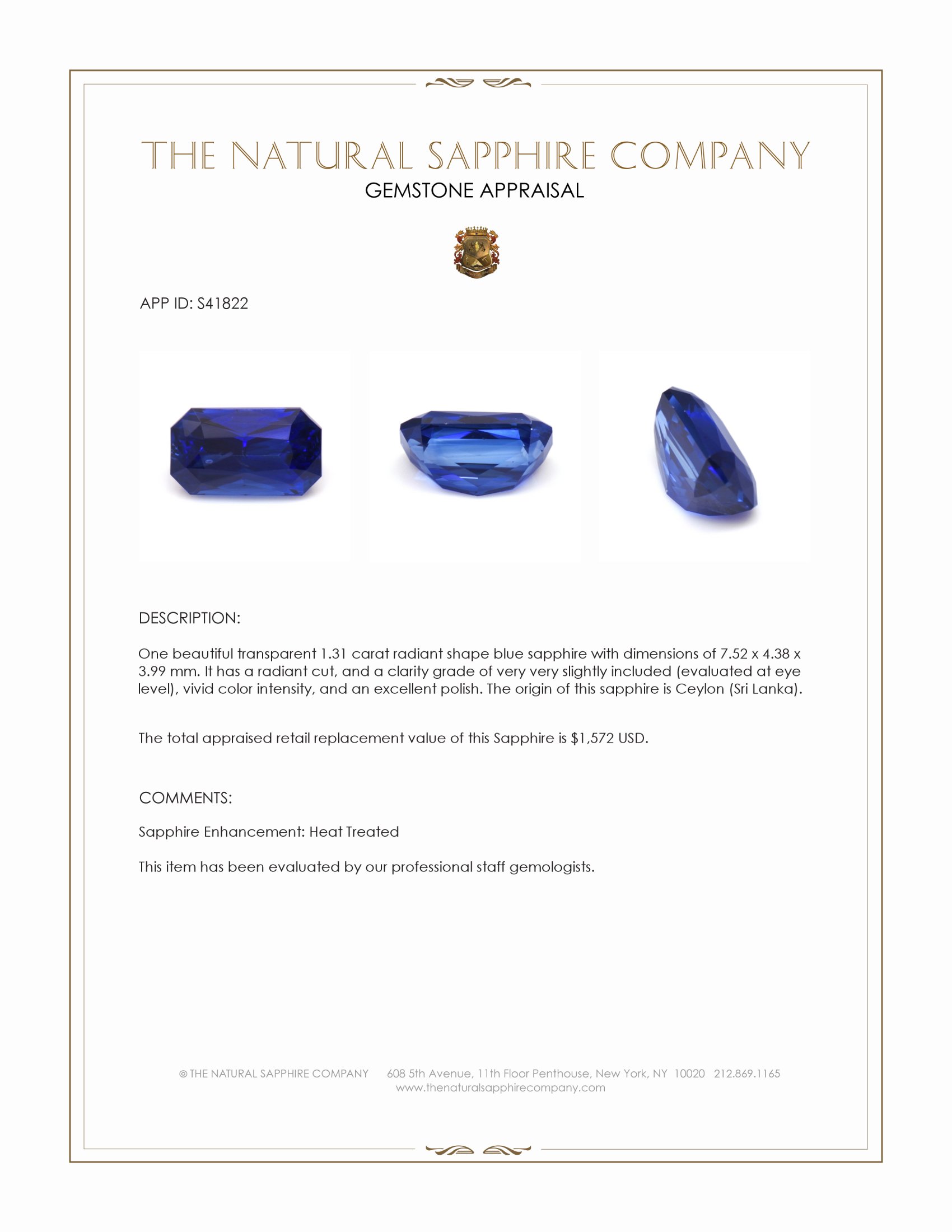 1.31 Ct. Blue Sapphire from Ceylon (Sri Lanka)