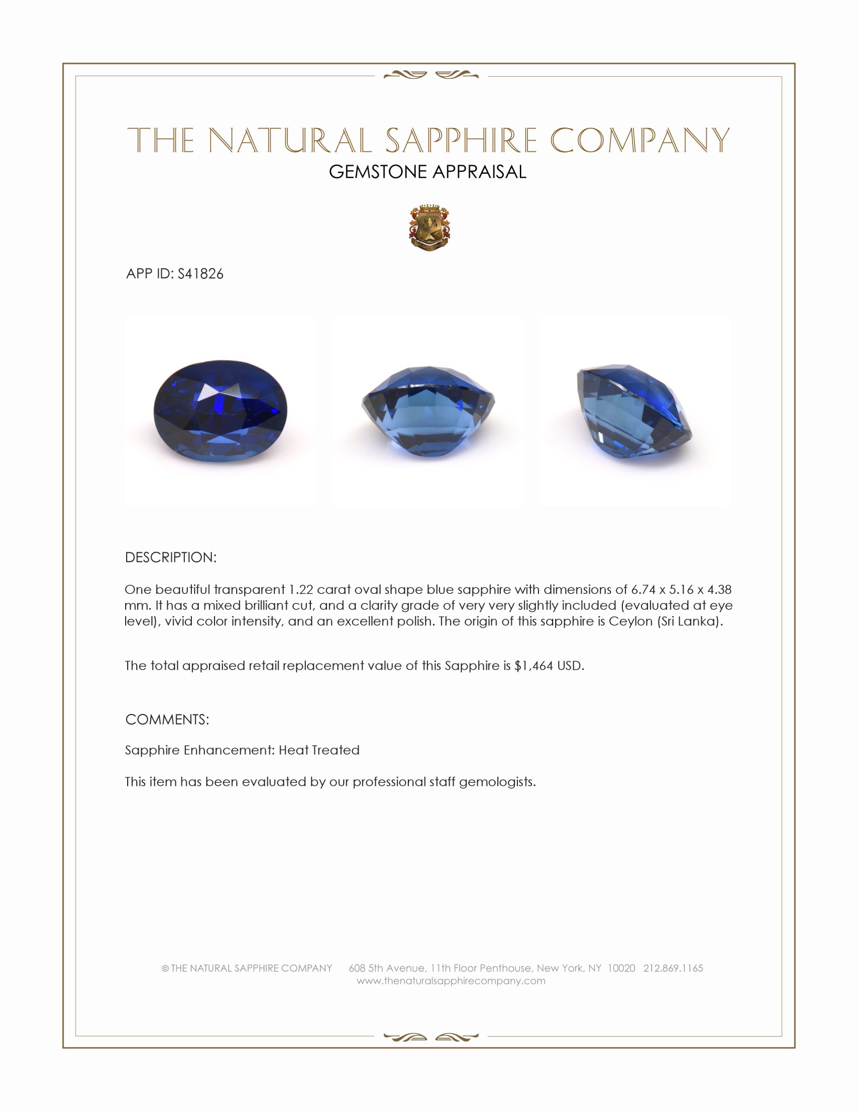 1.22 Ct. Blue Sapphire from Ceylon (Sri Lanka)