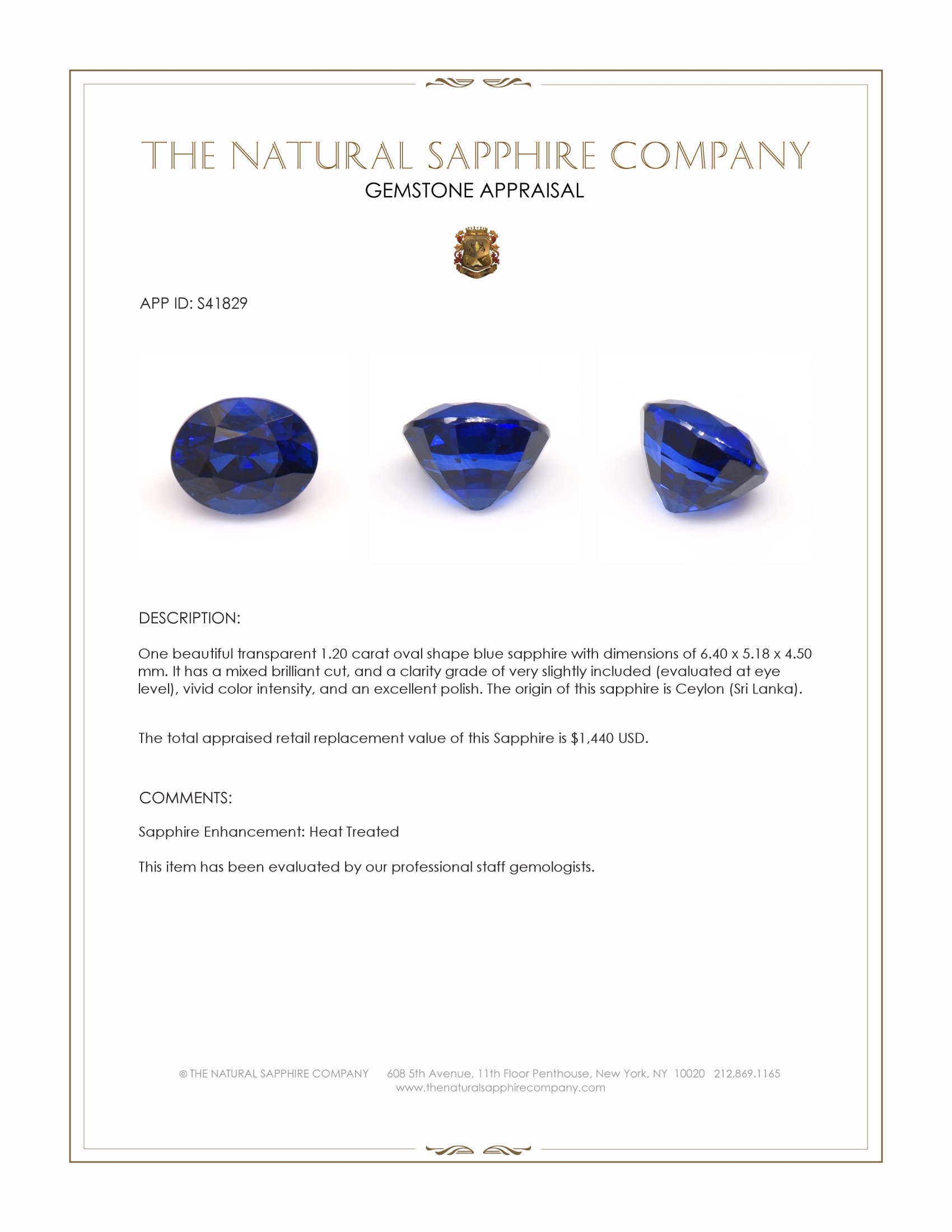 1.20 Ct. Blue Sapphire from Ceylon (Sri Lanka)