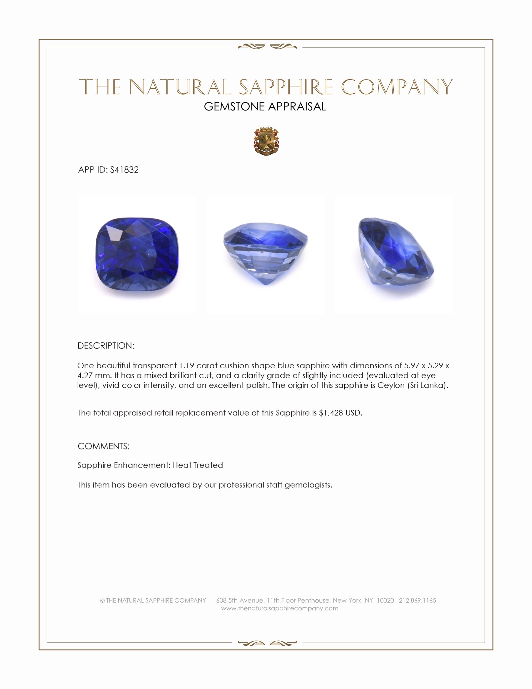 1.19 Ct. Blue Sapphire from Ceylon (Sri Lanka)