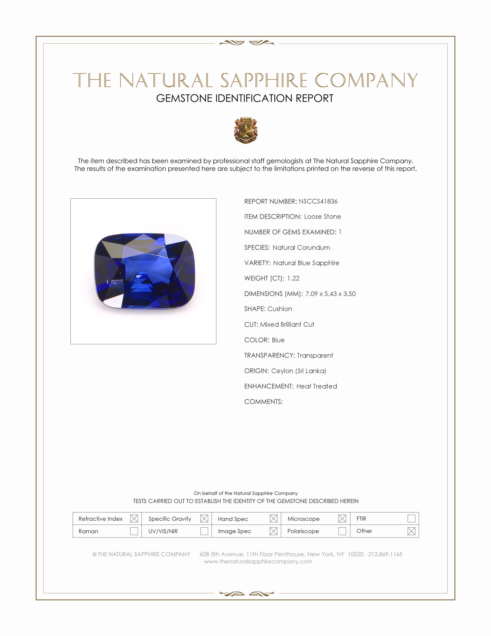 1.22 Ct. Blue Sapphire from Ceylon (Sri Lanka)