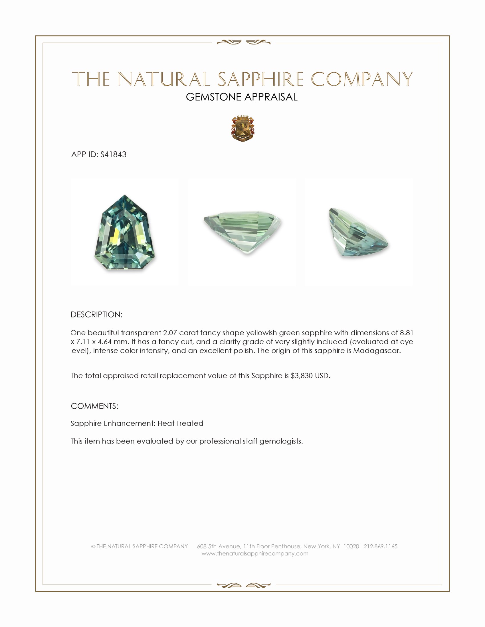 2.07 Ct. Yellowish Green Sapphire from Madagascar