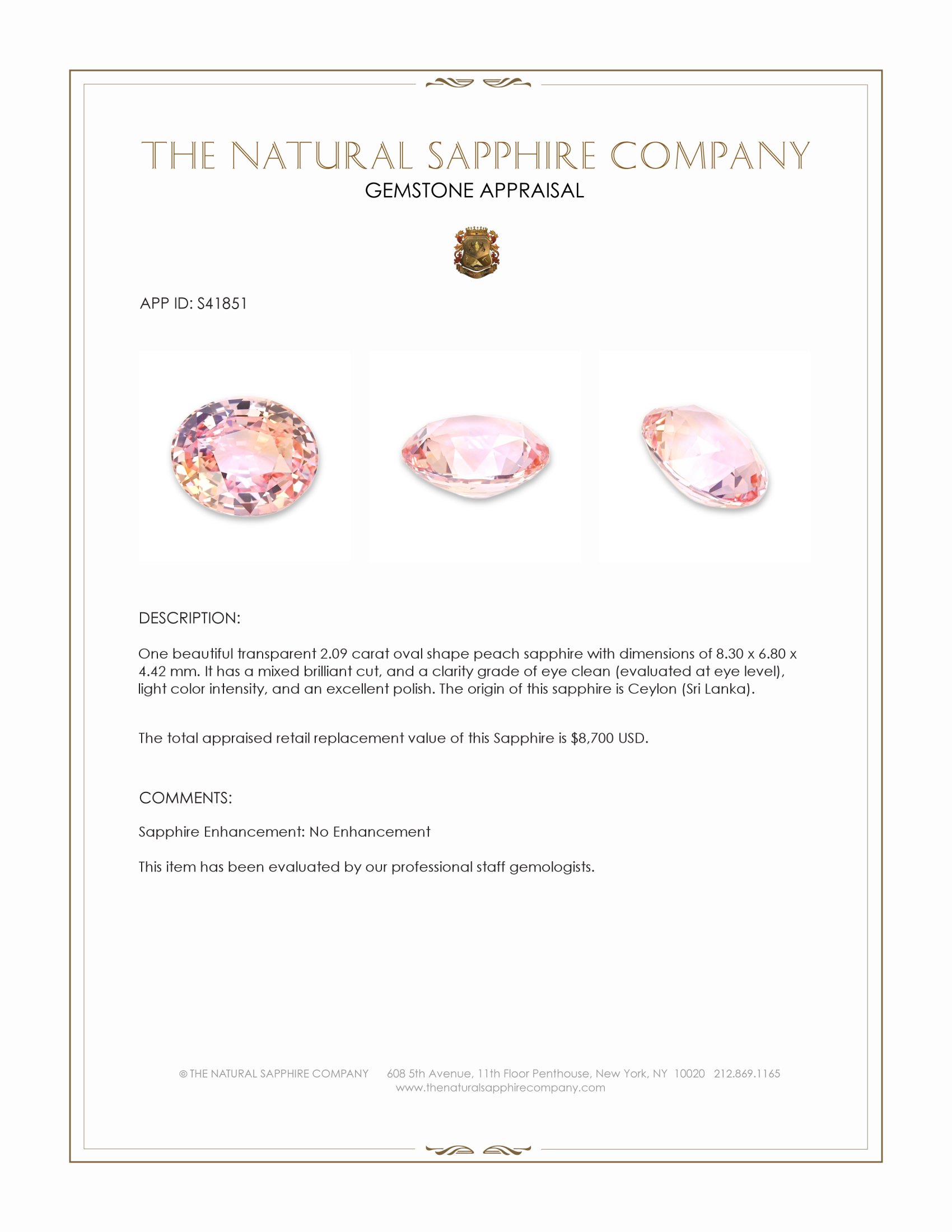 2.09 Ct. Peach Sapphire from Ceylon (Sri Lanka)