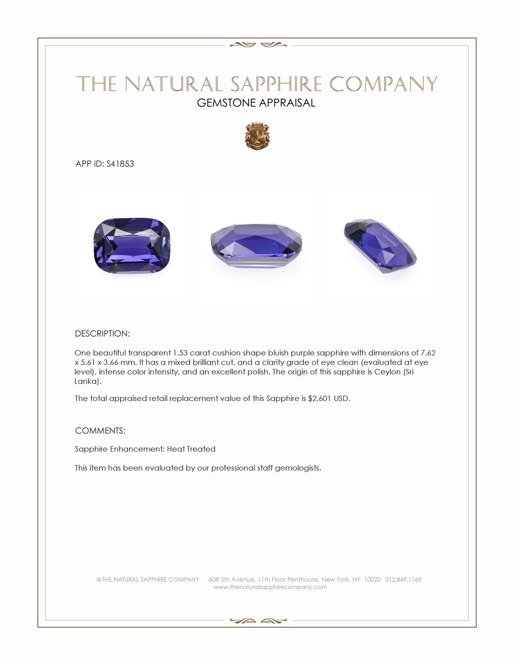 1.53 Ct. Bluish Purple Sapphire from Ceylon (Sri Lanka)