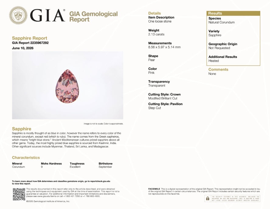 2.13 Ct. Pink Sapphire from Ceylon (Sri Lanka)