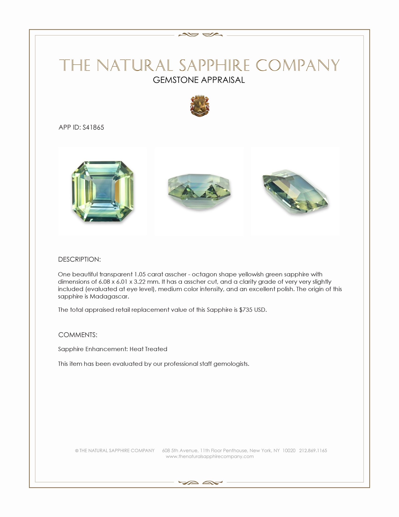 1.05 Ct. Yellowish Green Sapphire from Madagascar