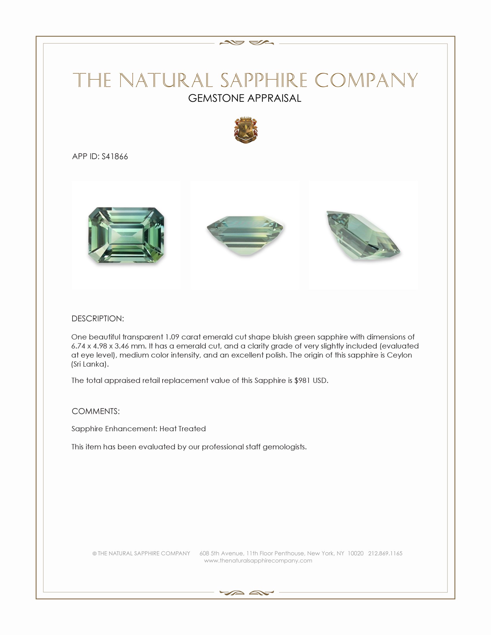 1.09 Ct. Bluish Green Sapphire from Ceylon (Sri Lanka)