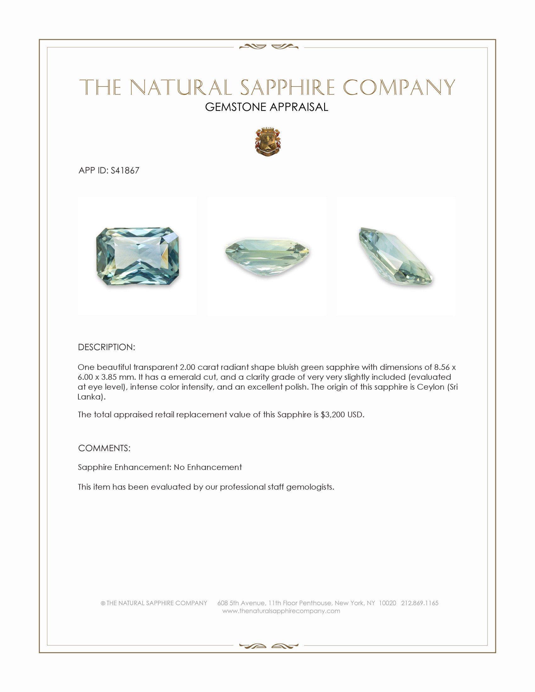 2.00 Ct. Bluish Green Sapphire from Ceylon (Sri Lanka)