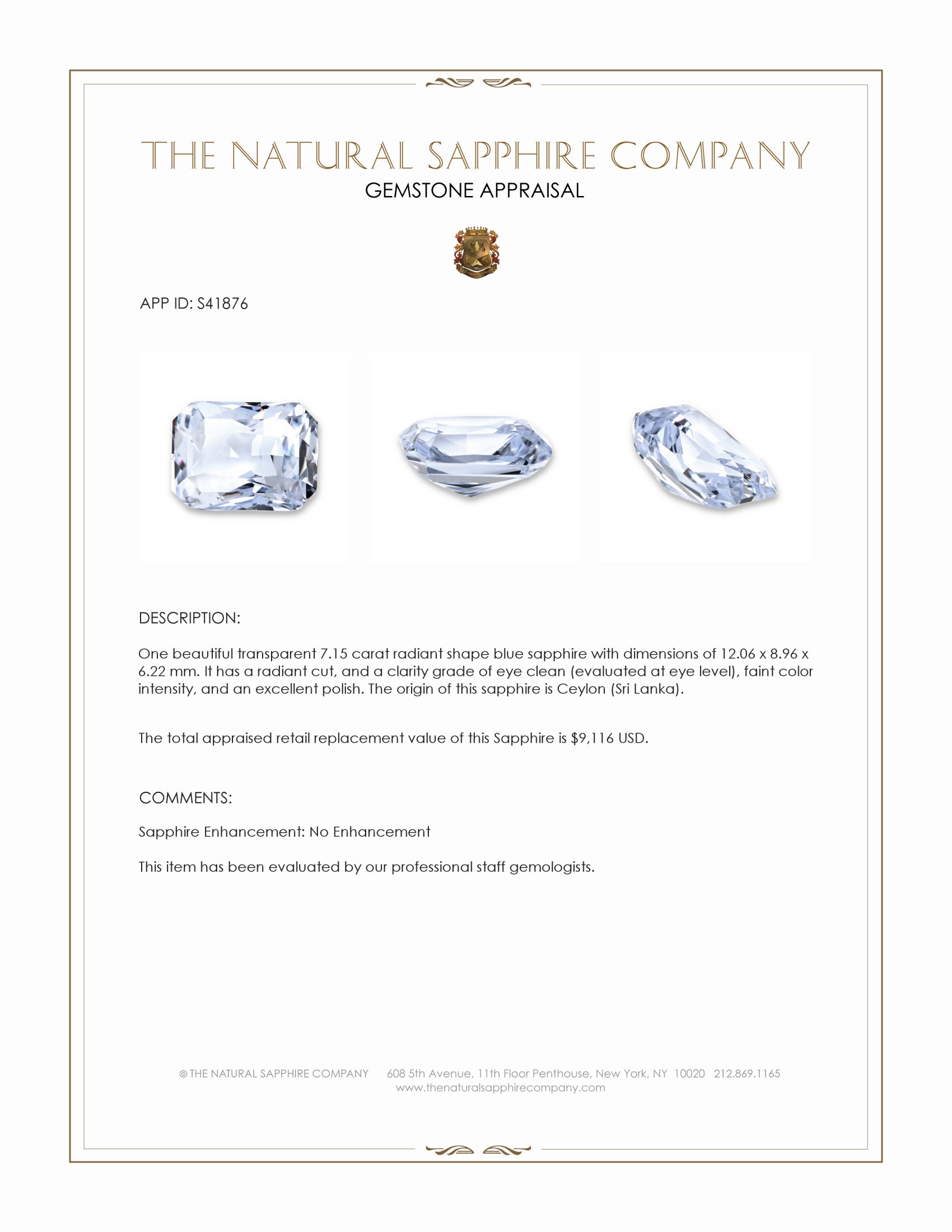 7.15 Ct. Blue Sapphire from Ceylon (Sri Lanka)