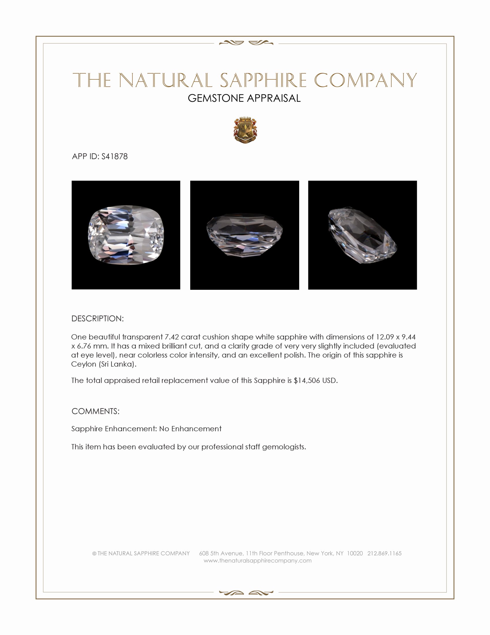 7.42 Ct. White Sapphire from Ceylon (Sri Lanka)