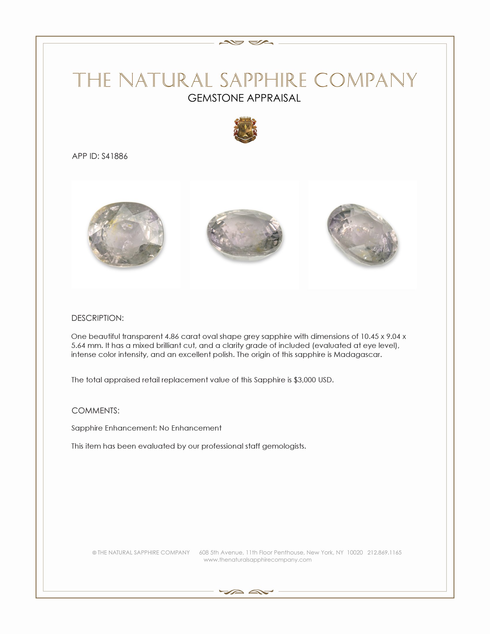 4.86 Ct. Grey Sapphire from Madagascar