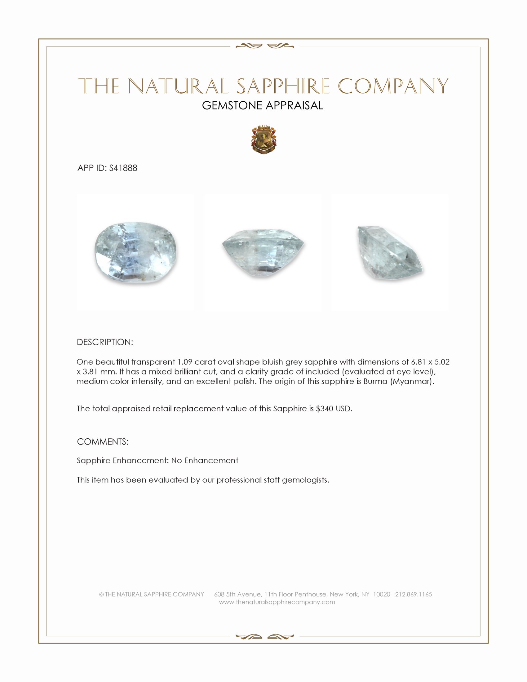 1.09 Ct. Bluish Grey Sapphire from Burma (Myanmar)