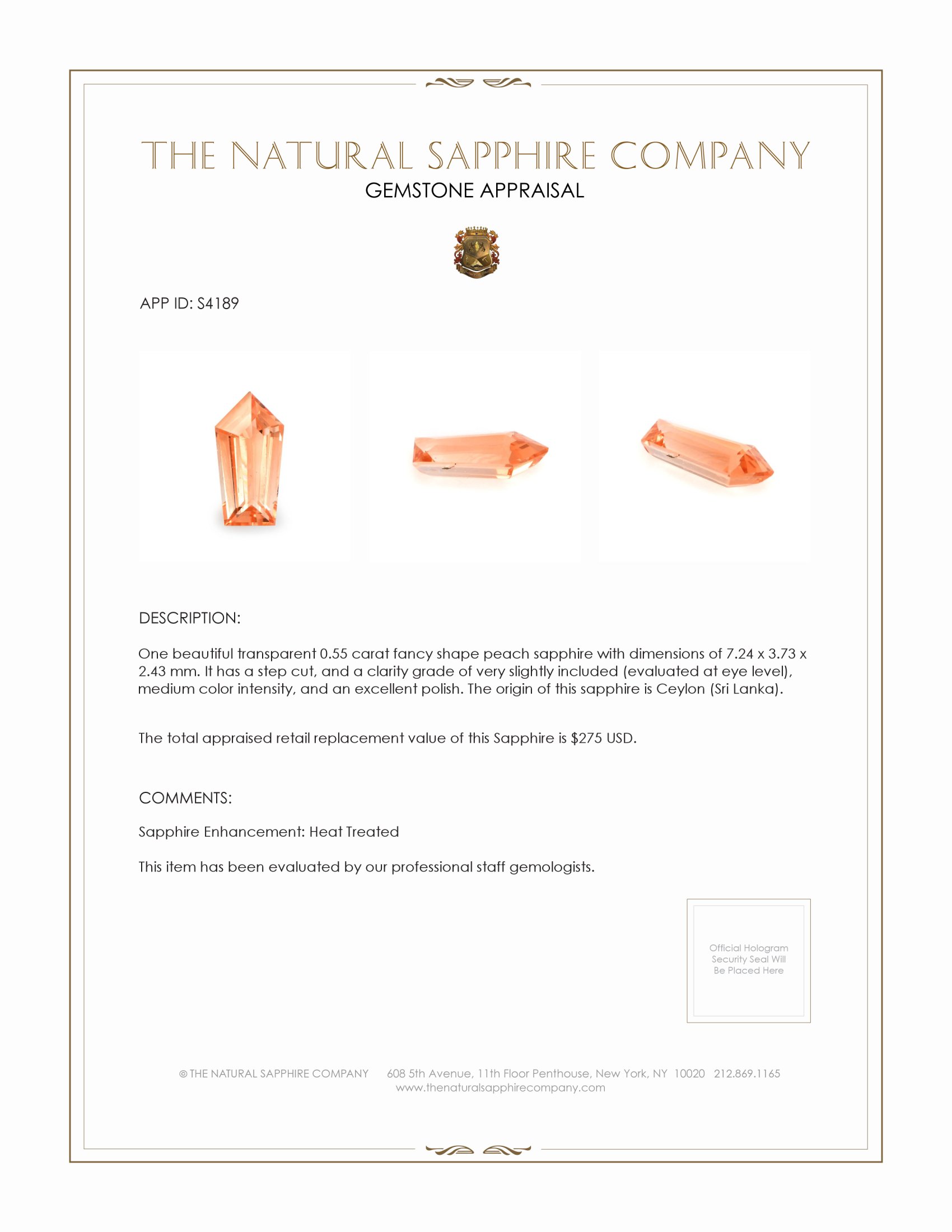 0.55 Ct. Peach Sapphire from Ceylon (Sri Lanka)