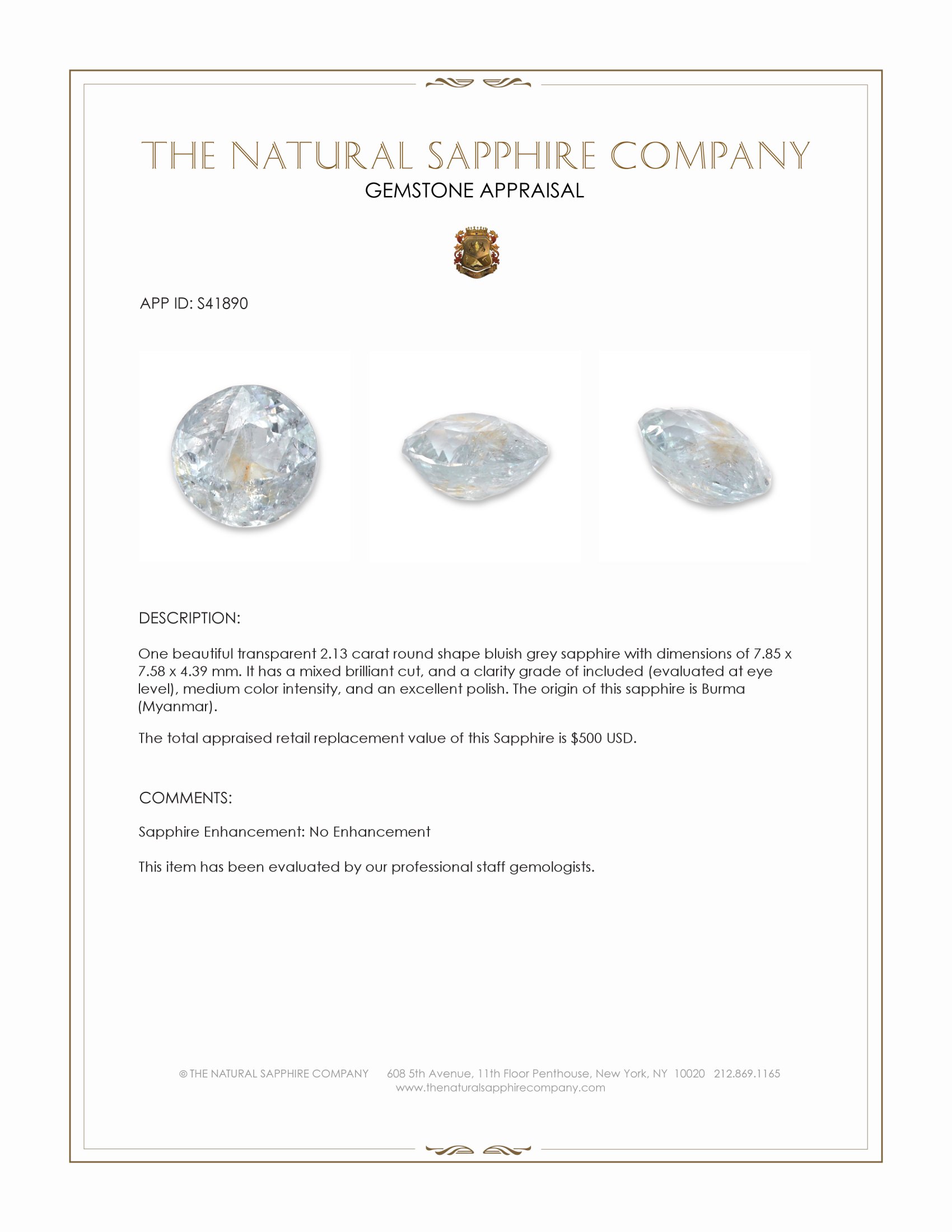 2.13 Ct. Bluish Grey Sapphire from Burma (Myanmar)