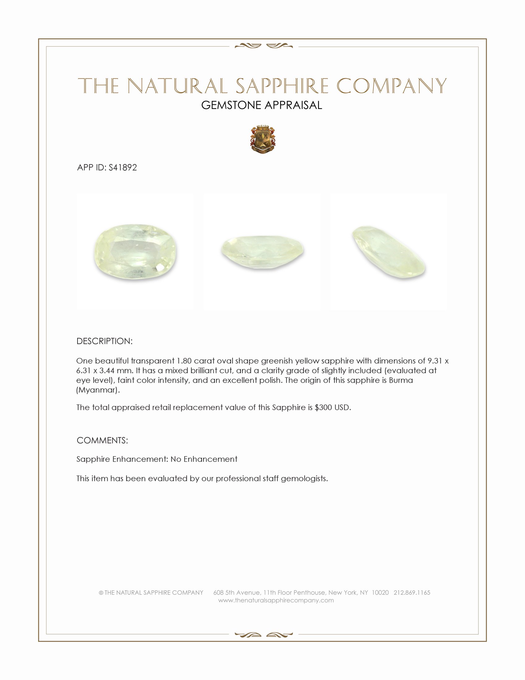 1.80 Ct. Greenish Yellow Sapphire from Burma (Myanmar)