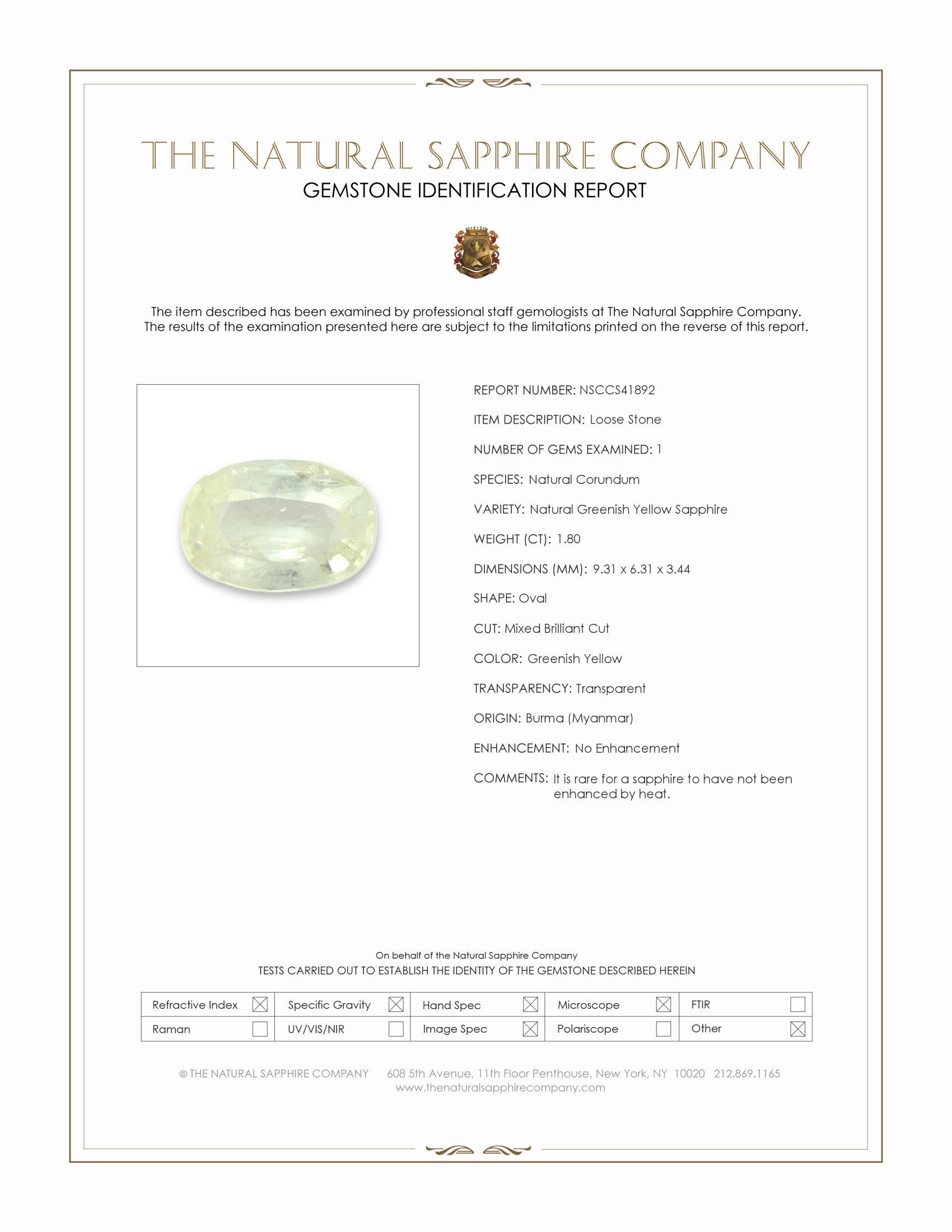 1.80 Ct. Greenish Yellow Sapphire from Burma (Myanmar)